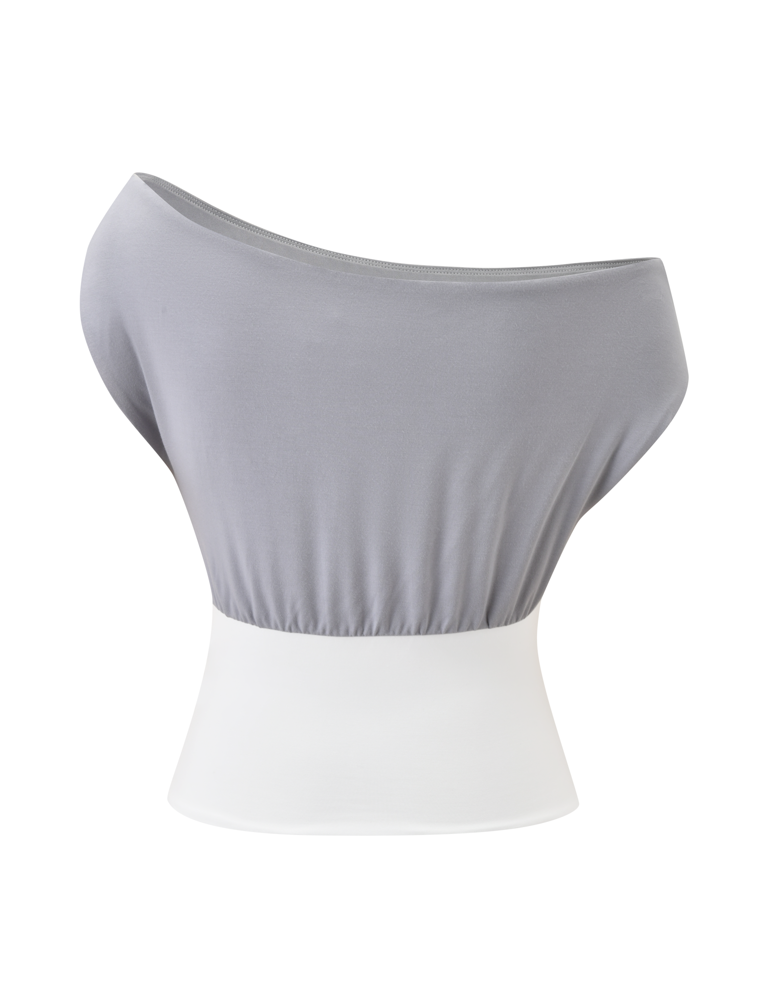 The TIGERMIST ALYSSA OFF SHOULDER TOP - GREY features a stylish off-shoulder neckline, a loose light grey upper section, and a fitted white corseted waist panel, all displayed against a plain white background.