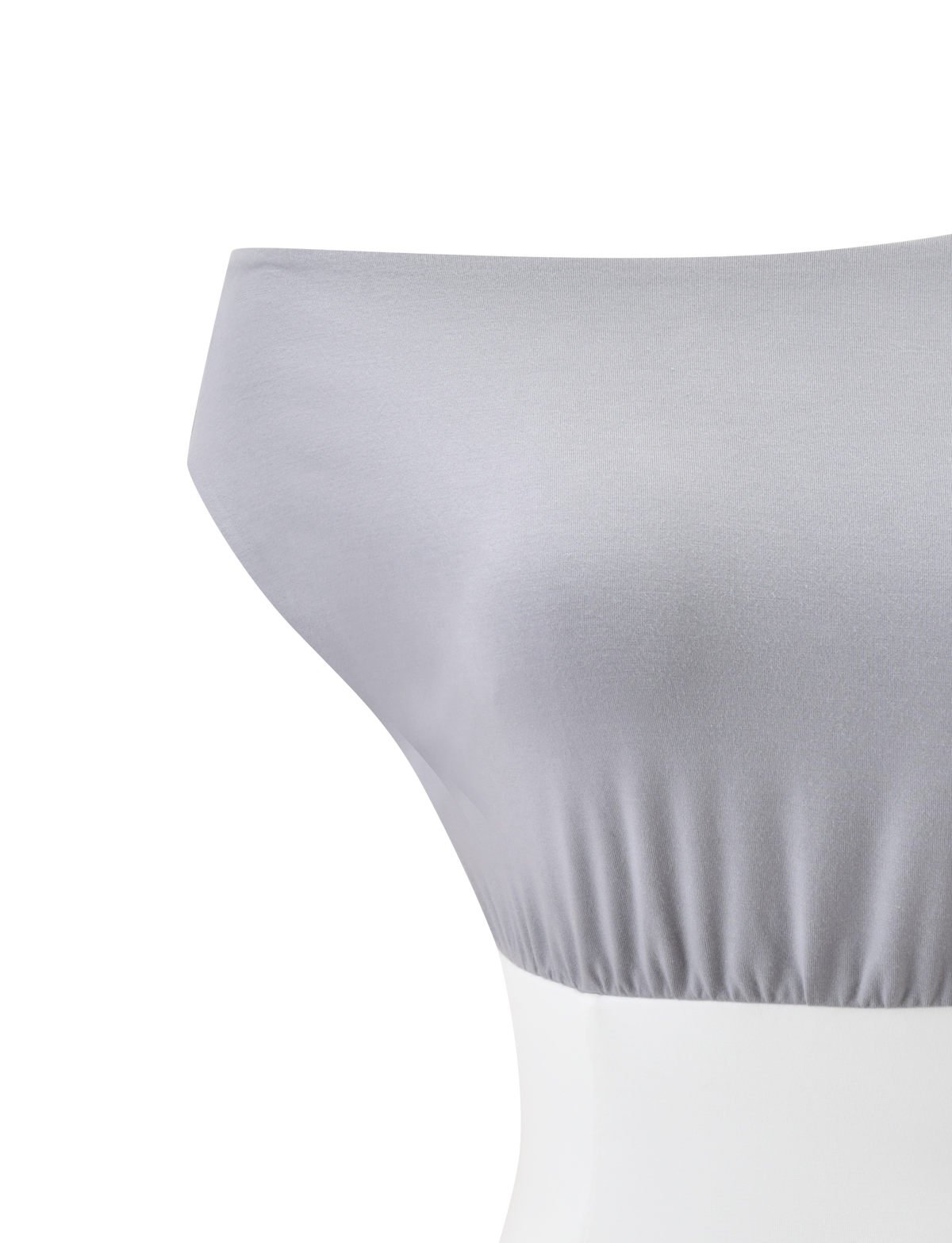 The TIGERMIST ALYSSA OFF SHOULDER TOP in grey is displayed on a mannequin, showcasing its smooth fabric, off-shoulder neckline, and gathered elastic detail under the bust.