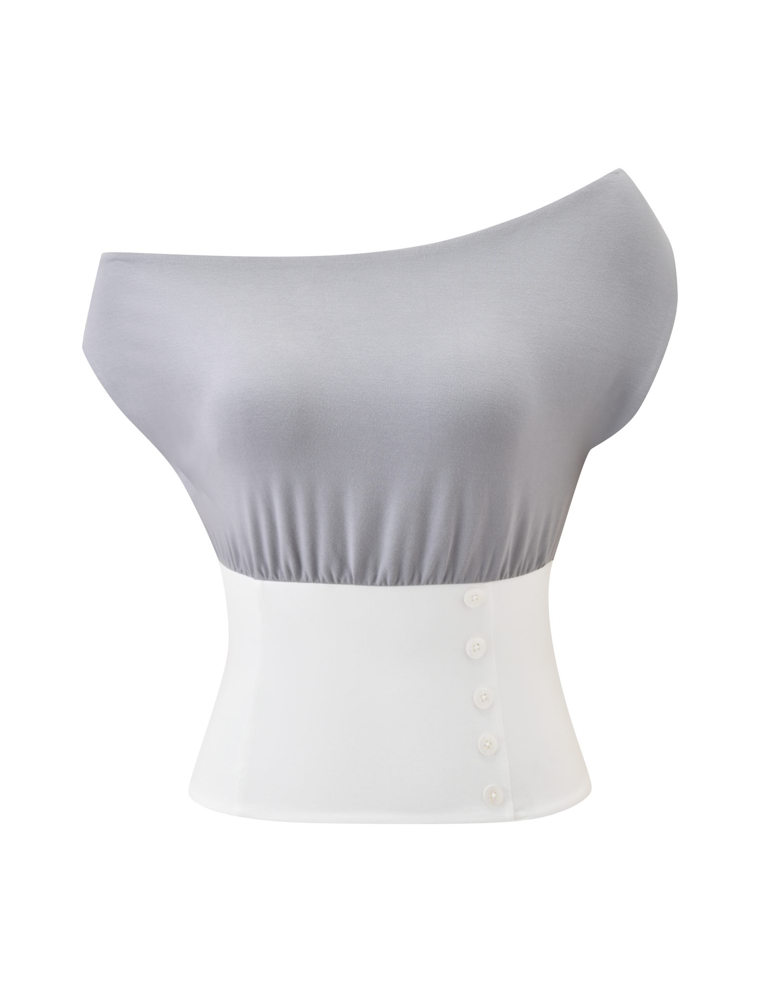 The TIGERMIST ALYSSA OFF SHOULDER TOP - GREY features a stylish off-shoulder neckline, a light grey draped upper section, a fitted white lower panel, and a side row of five white buttons.