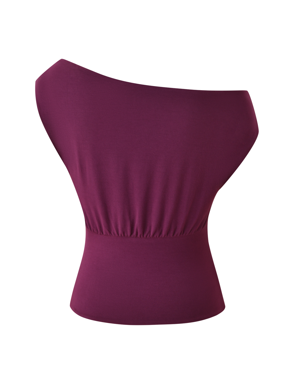 The TIGERMIST ALYSSA OFF SHOULDER TOP in plum features a sleeveless, asymmetrical neckline and fitted corseted waist, shown against a plain white background.