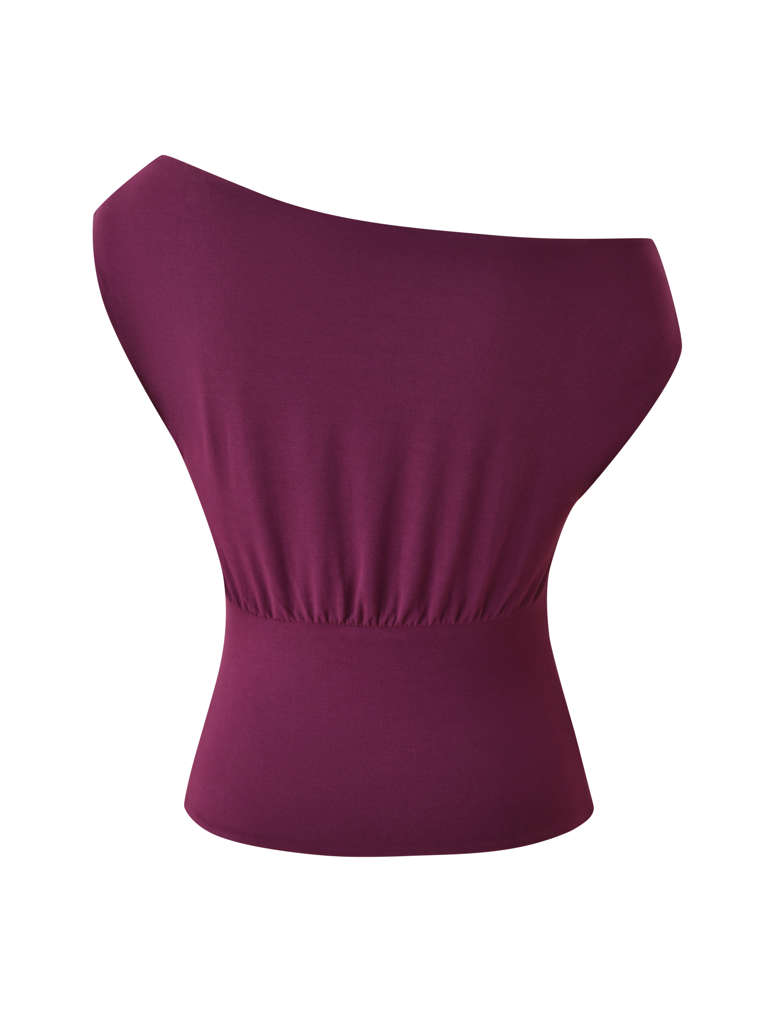 The TIGERMIST ALYSSA OFF SHOULDER TOP in plum features a sleeveless, asymmetrical neckline and fitted corseted waist, shown against a plain white background.