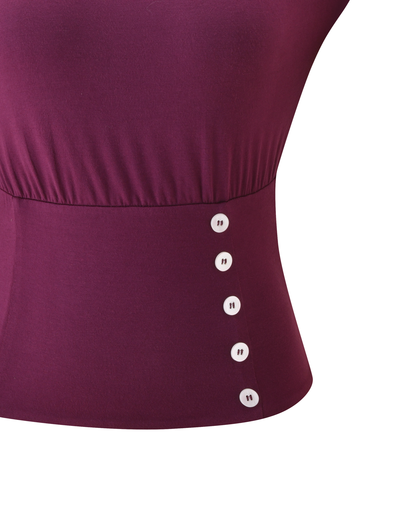 Close-up of the waist area of the ALYSSA OFF SHOULDER TOP in plum by TIGERMIST, showcasing its fitted design, corseted waist, and five vertically arranged white buttons on one side.