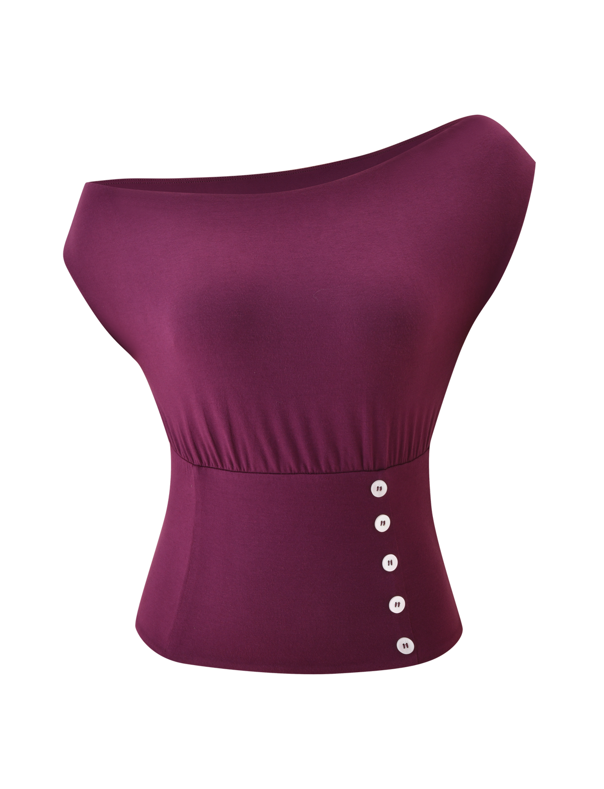 The ALYSSA OFF SHOULDER TOP by TIGERMIST is a sleeveless, plum one-shoulder top with a corseted waist and five white buttons aligned vertically on the side.