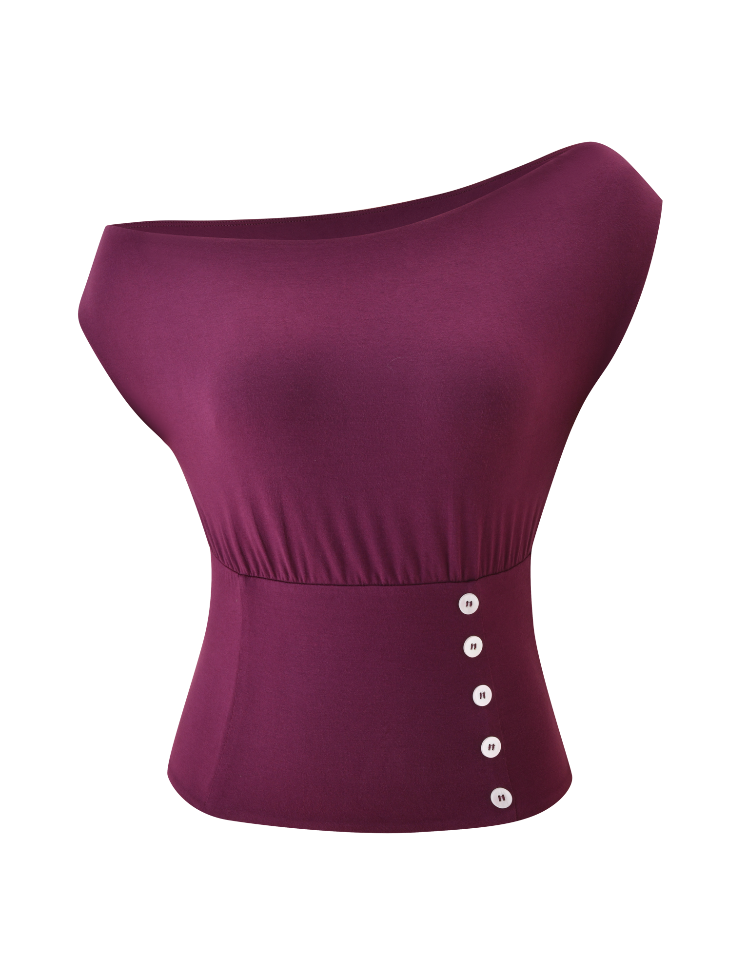 The ALYSSA OFF SHOULDER TOP by TIGERMIST is a sleeveless, plum one-shoulder top with a corseted waist and five white buttons aligned vertically on the side.