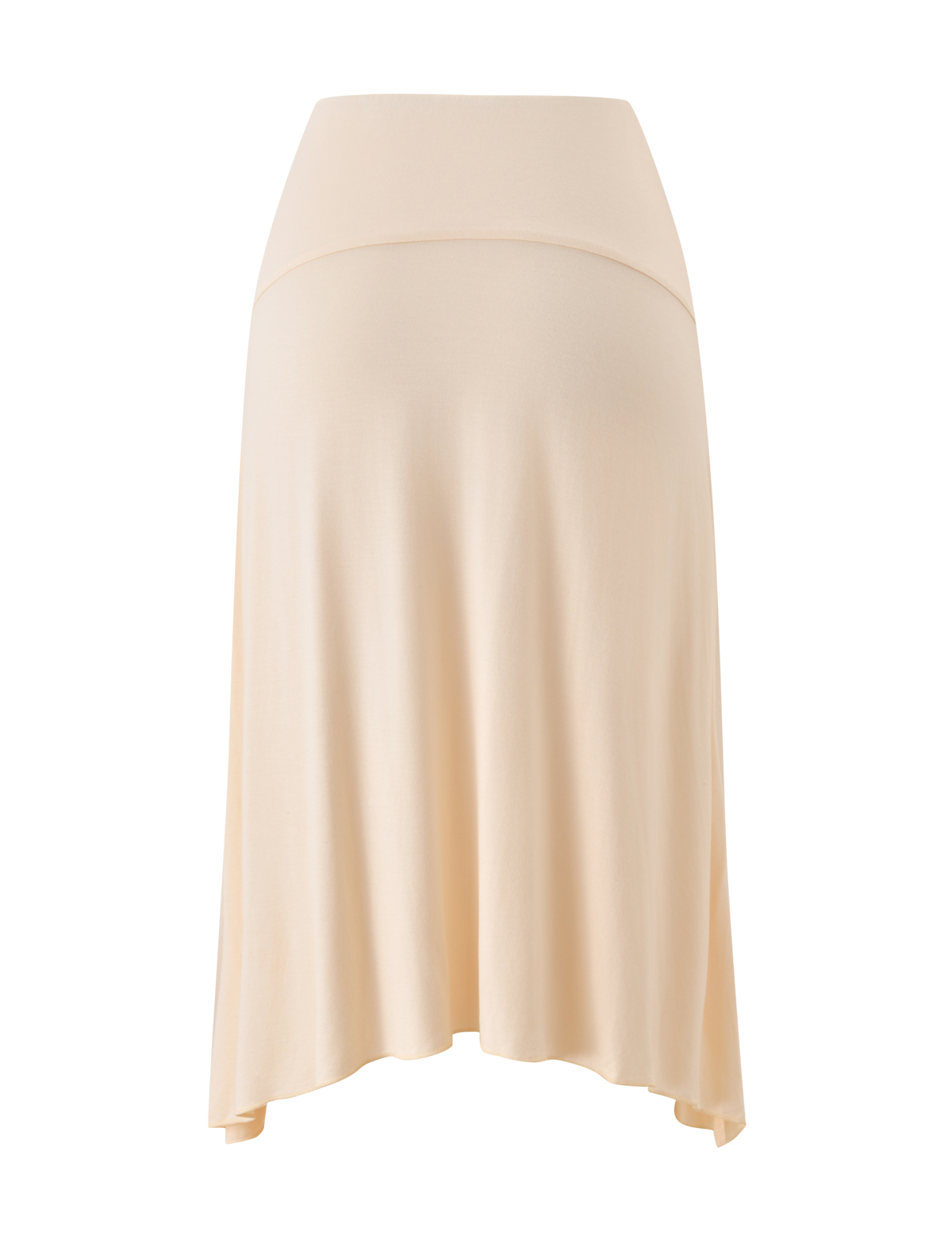 The TIGERMIST ALYSSA HI LO SKIRT in cream is a knee-length, high-waisted midi skirt with a wide waistband, soft flowy fabric, and a subtle front leg slit, shown against a white background.