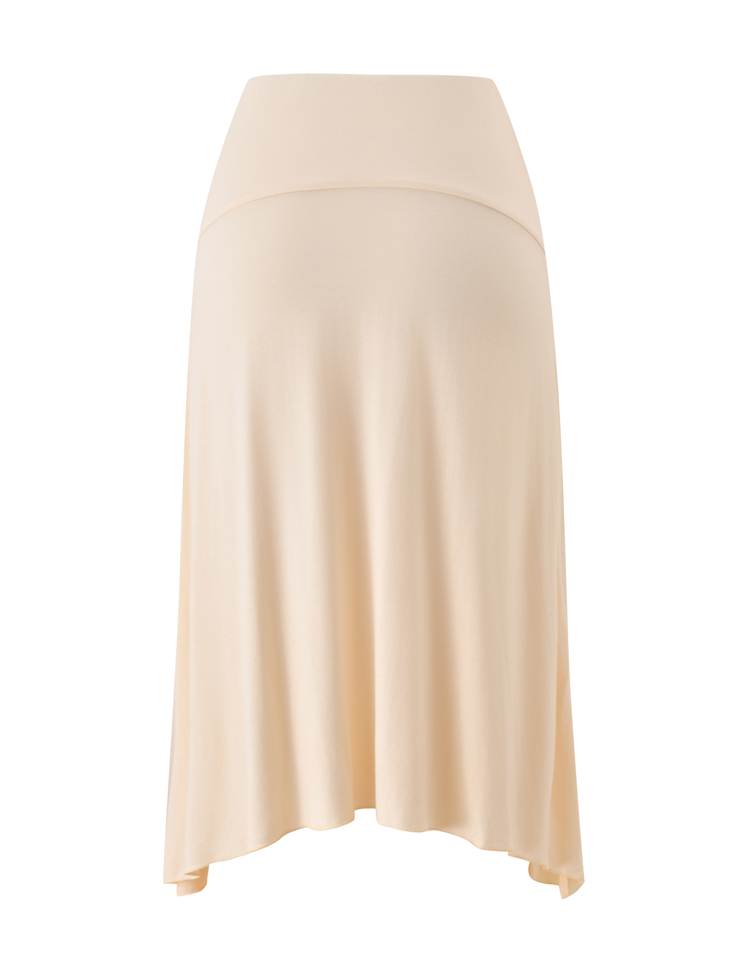 The TIGERMIST ALYSSA HI LO SKIRT in cream is a knee-length, high-waisted midi skirt with a wide waistband, soft flowy fabric, and a subtle front leg slit, shown against a white background.