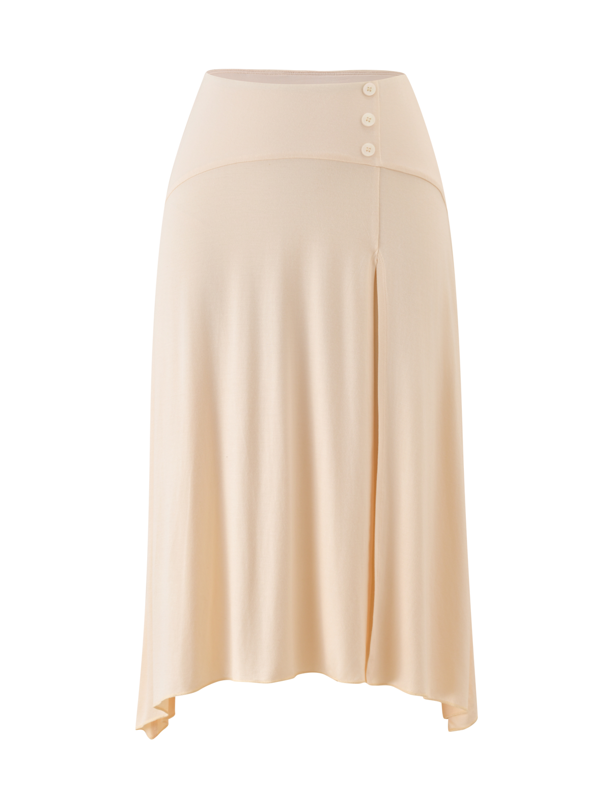 The TIGERMIST ALYSSA HI LO SKIRT in cream features a high waist, asymmetrical hi-lo hem, front leg slit, and three decorative waistband buttons.