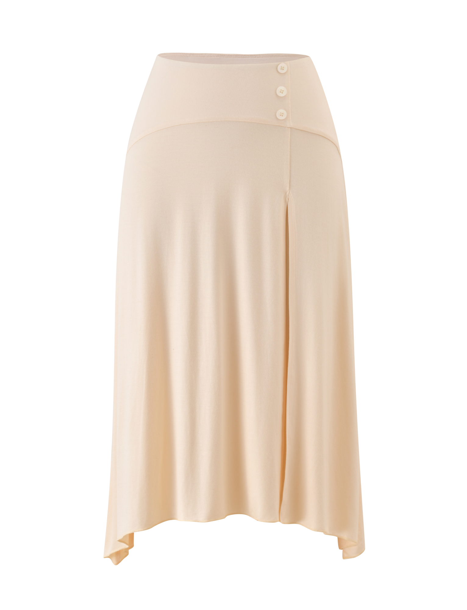The TIGERMIST ALYSSA HI LO SKIRT in cream features a high waist, asymmetrical hi-lo hem, front leg slit, and three decorative waistband buttons.