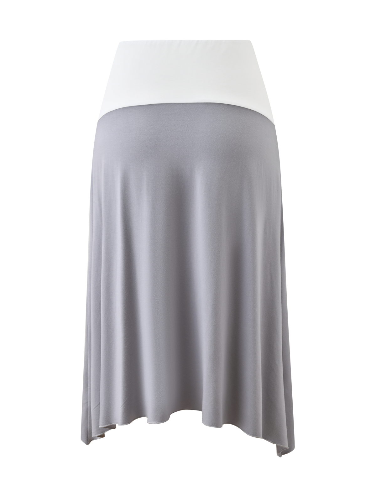 The TIGERMIST ALYSSA HI LO SKIRT - GREY features a white fold-over waistband and light grey, knee-length fabric with an elegant front leg slit.