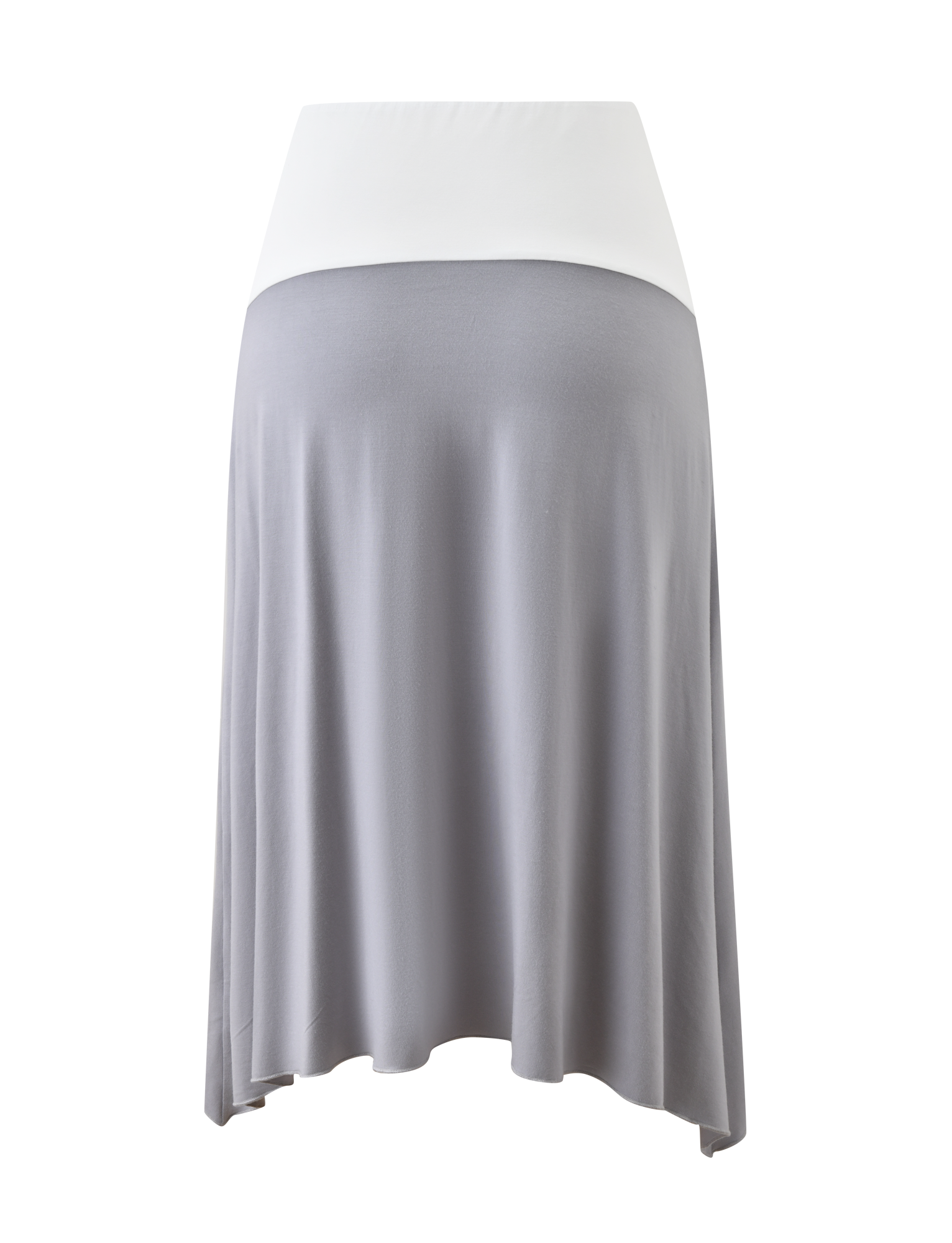 The TIGERMIST ALYSSA HI LO SKIRT - GREY features a white fold-over waistband and light grey, knee-length fabric with an elegant front leg slit.