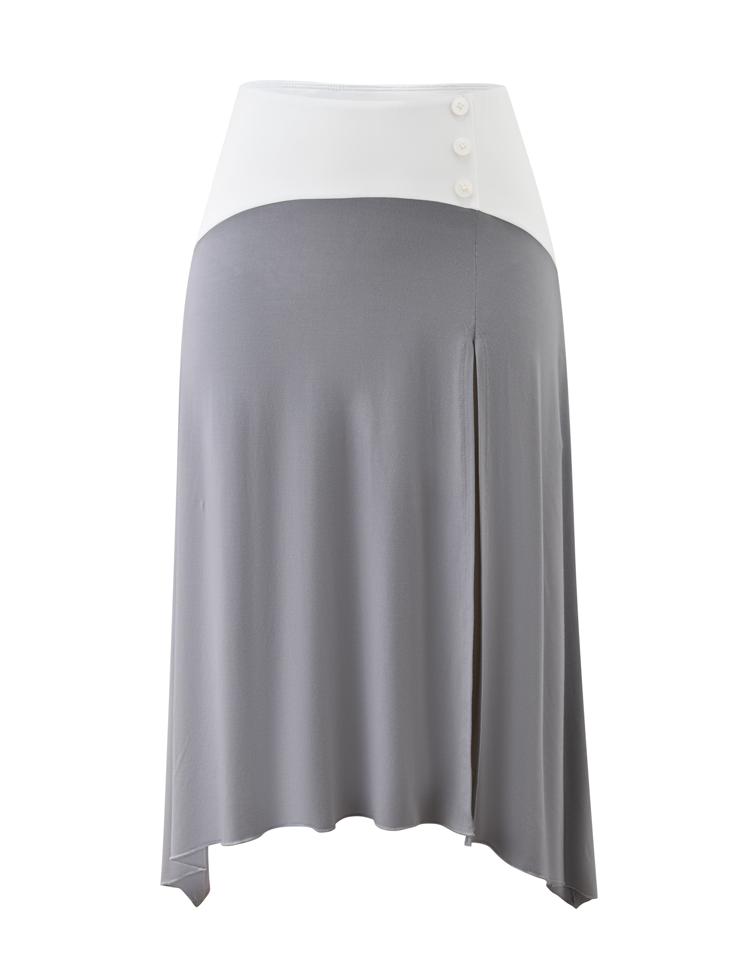The ALYSSA HI LO SKIRT by TIGERMIST features a high waist with a white waistband, three buttons, flowing light grey fabric, a front leg slit, and an asymmetrical hem for stylish flair.