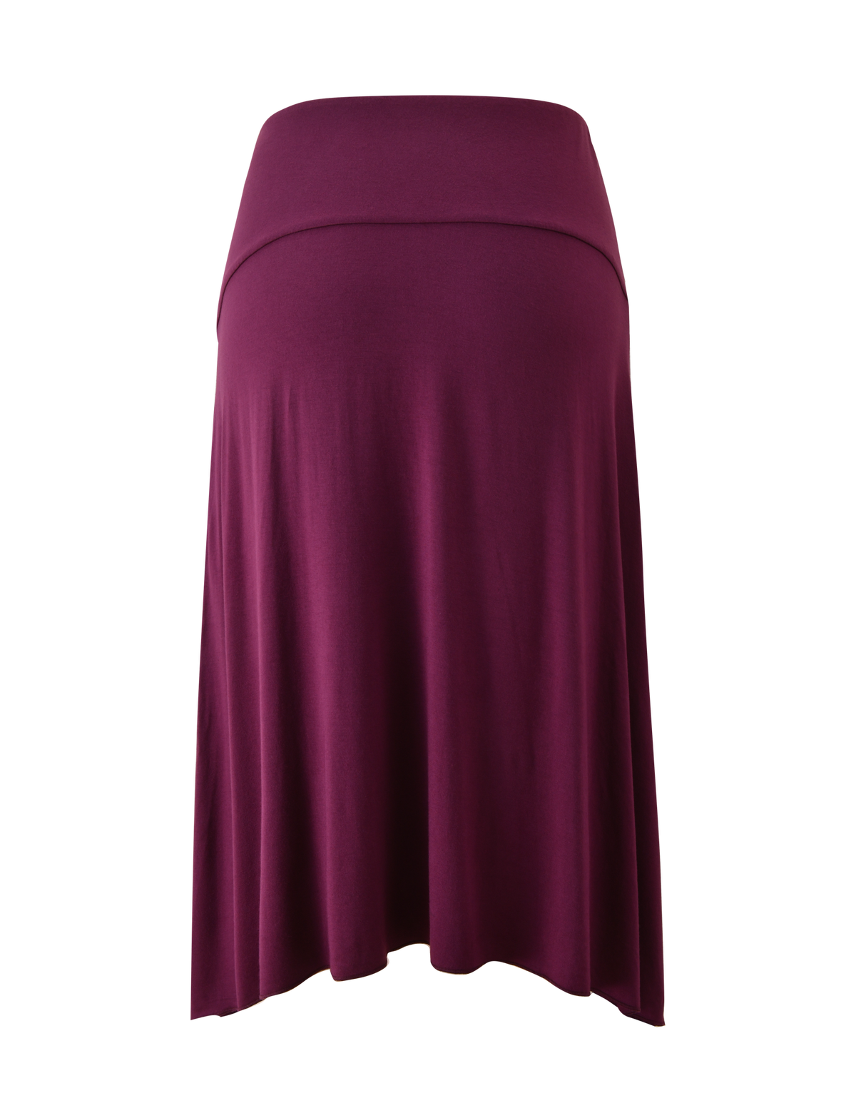 The TIGERMIST ALYSSA HI LO SKIRT in plum features a knee-length, flowy A-line silhouette with a wide foldover waistband and an elegant front leg slit, showcased against a plain white background.
