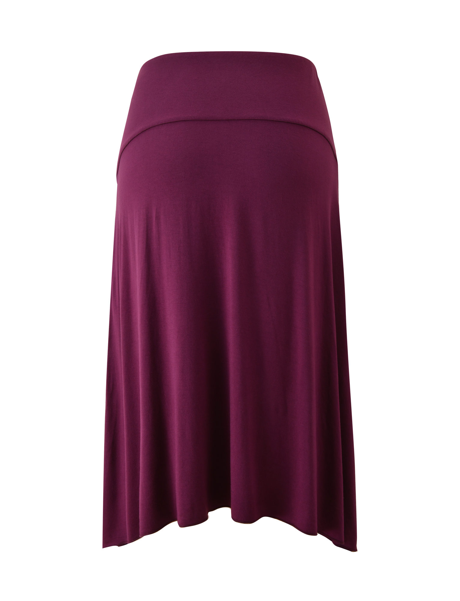 The TIGERMIST ALYSSA HI LO SKIRT in plum features a knee-length, flowy A-line silhouette with a wide foldover waistband and an elegant front leg slit, showcased against a plain white background.