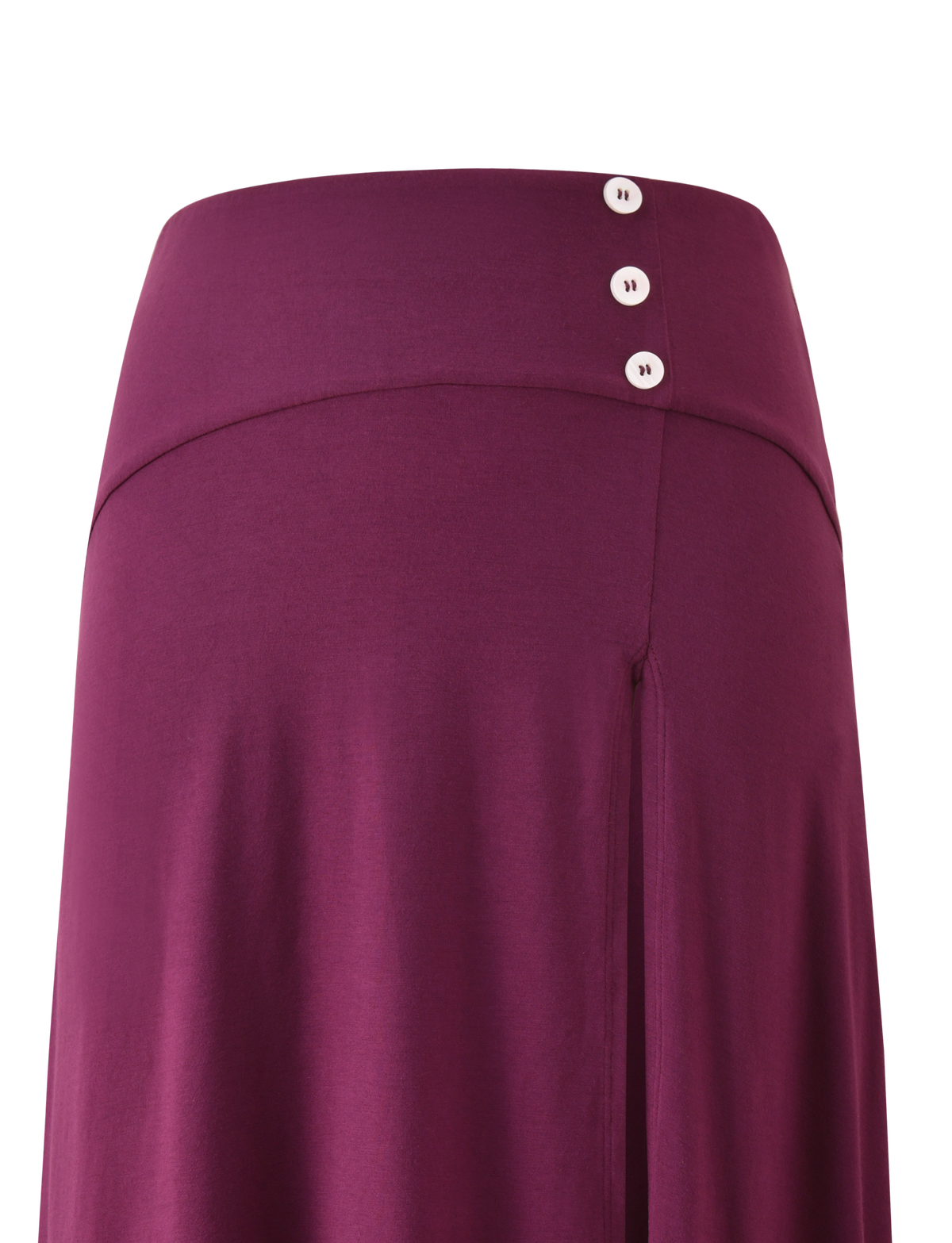 The TIGERMIST ALYSSA HI LO SKIRT in plum features a soft, flowy fabric, a wide waistband, three white buttons on the upper right, and an asymmetrical hem for added style.