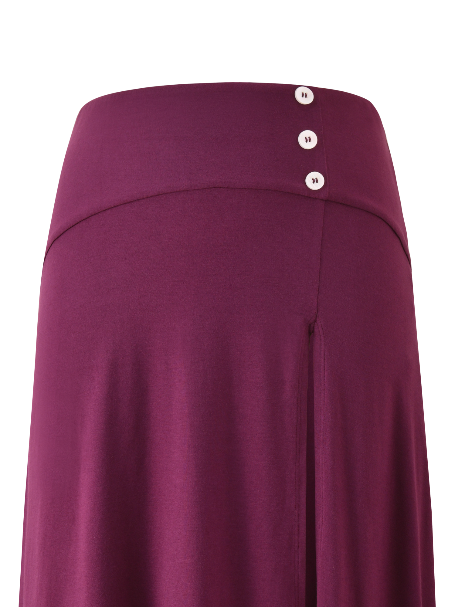 The TIGERMIST ALYSSA HI LO SKIRT in plum features a soft, flowy fabric, a wide waistband, three white buttons on the upper right, and an asymmetrical hem for added style.