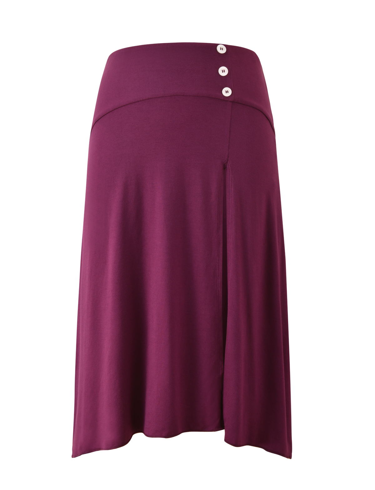 The TIGERMIST ALYSSA HI LO SKIRT in plum is a knee-length midi skirt featuring a wide waistband, three white buttons on the left, and a chic asymmetrical hem.