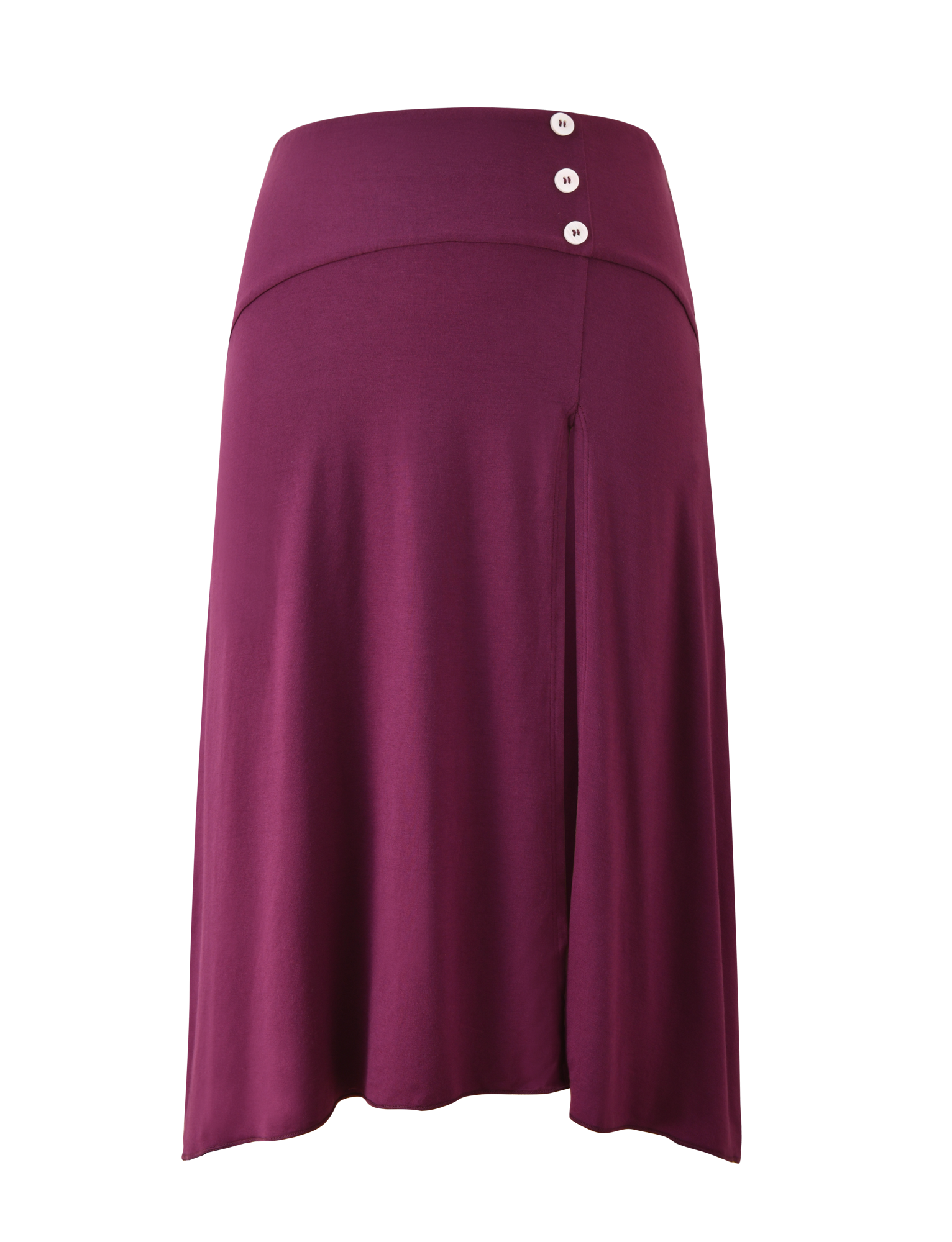 The TIGERMIST ALYSSA HI LO SKIRT in plum is a knee-length midi skirt featuring a wide waistband, three white buttons on the left, and a chic asymmetrical hem.