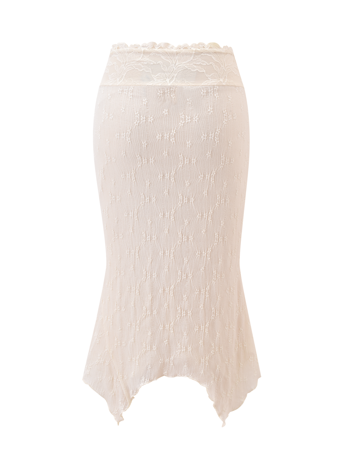 The KATERINA MIDI SKIRT - CREAM by TIGERMIST features cream-colored lace with a subtle floral pattern, fitted waist, and asymmetrical hem for a delicate, slightly flared silhouette. Displayed against a plain white background.