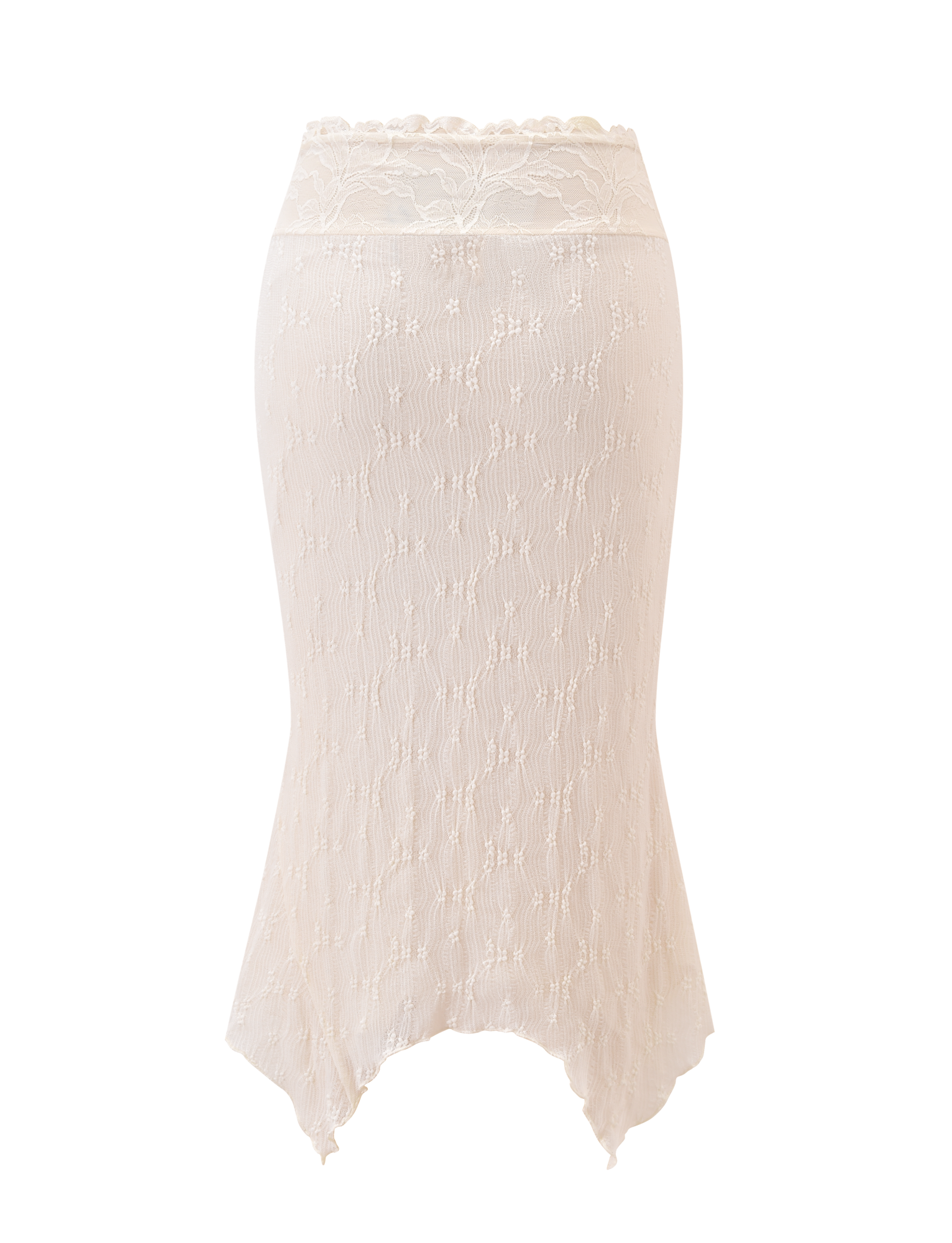 The KATERINA MIDI SKIRT - CREAM by TIGERMIST features cream-colored lace with a subtle floral pattern, fitted waist, and asymmetrical hem for a delicate, slightly flared silhouette. Displayed against a plain white background.