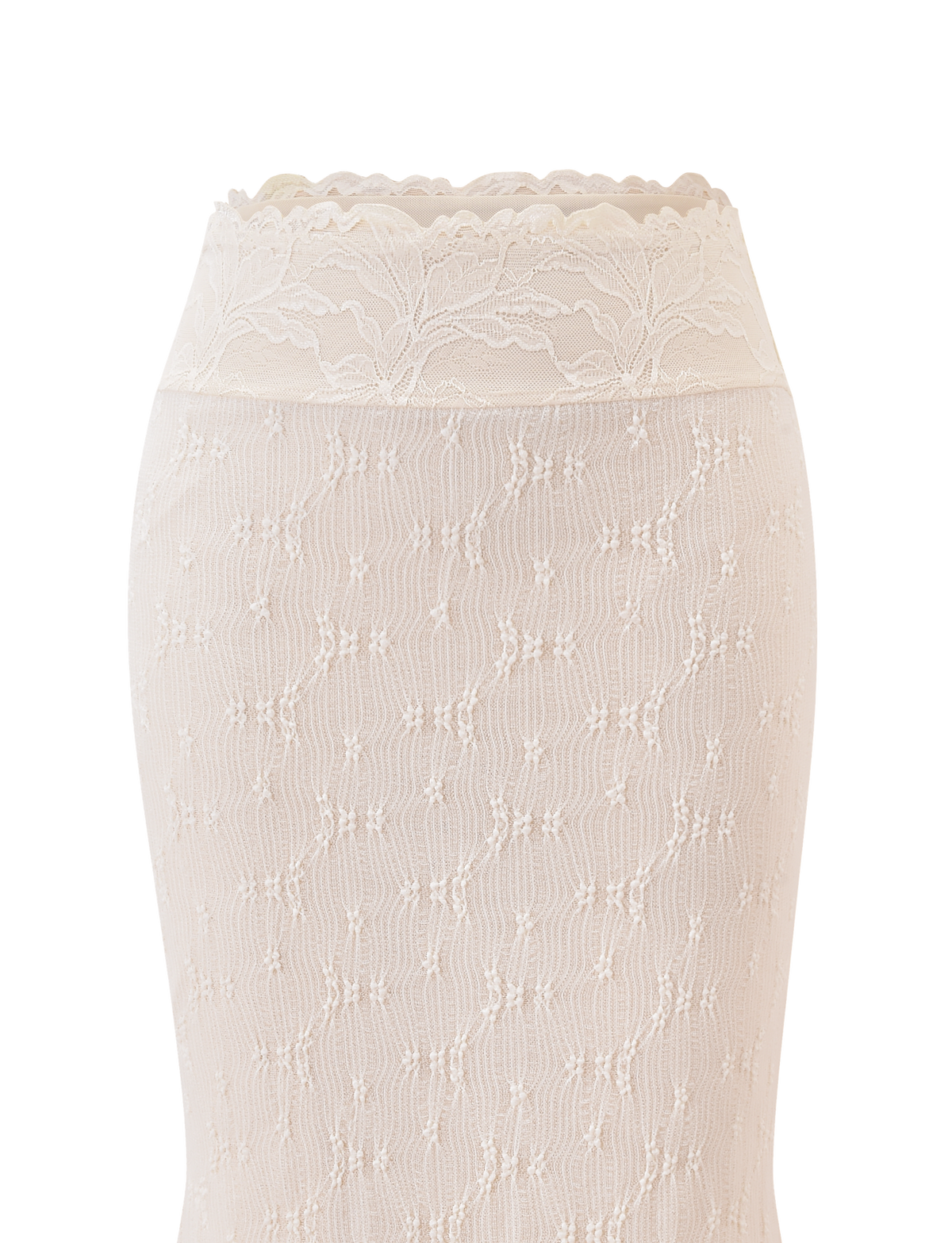 Close-up of the KATERINA MIDI SKIRT - CREAM by TIGERMIST, featuring sheer off-white lace with floral and geometric patterns, draped on a mannequin to highlight its delicate elegance and asymmetrical hem against a white background.