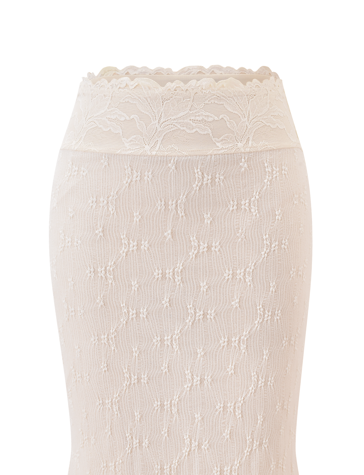 Close-up of the KATERINA MIDI SKIRT - CREAM by TIGERMIST, featuring sheer off-white lace with floral and geometric patterns, draped on a mannequin to highlight its delicate elegance and asymmetrical hem against a white background.