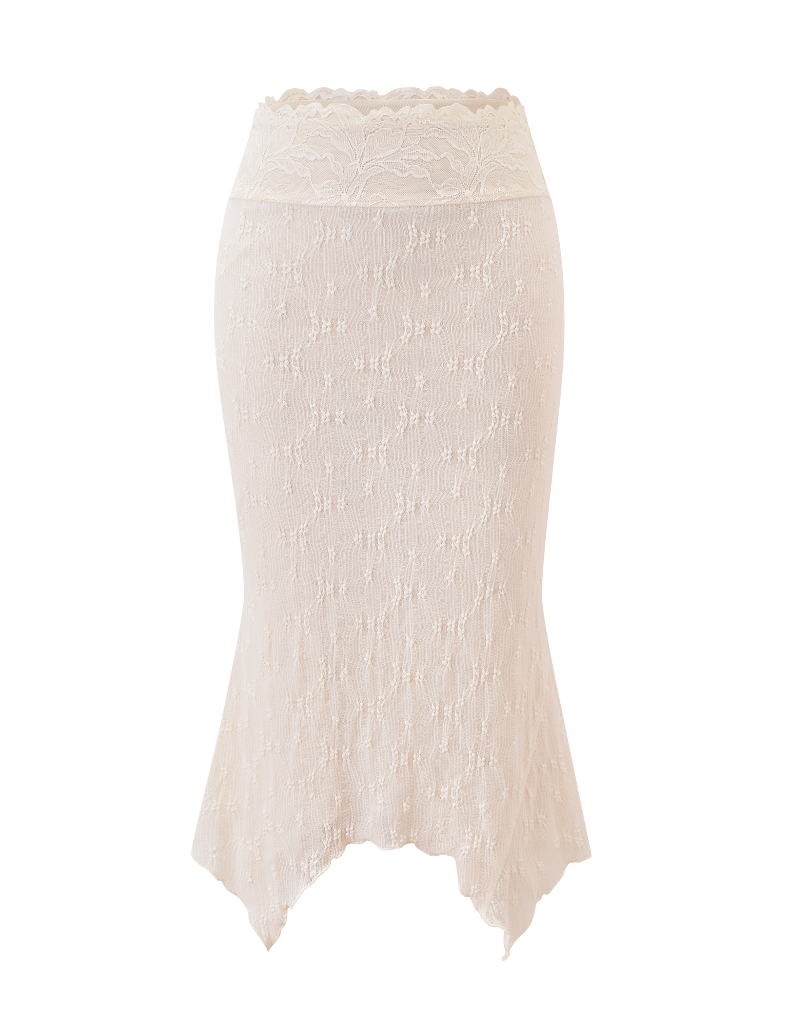 The KATERINA MIDI SKIRT by TIGERMIST is a cream lace midi skirt with a scalloped waistband, subtly flared asymmetrical hem, and an all-over delicate floral pattern.