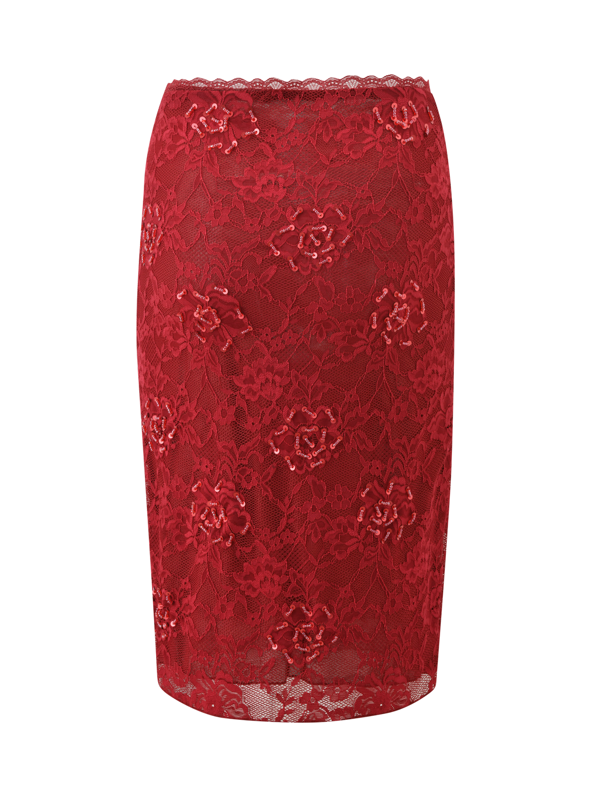 The KIRRA BEADED SEQUIN LACE MIDI SKIRT by TIGERMIST is a red, knee-length skirt featuring floral beaded lace and a scalloped waistband, shown against a plain white background.