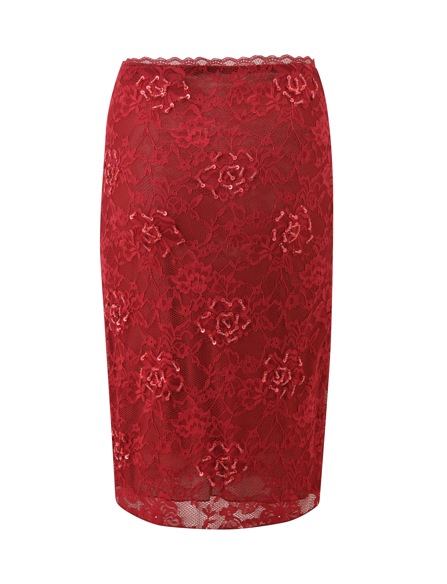 The KIRRA BEADED SEQUIN LACE MIDI SKIRT by TIGERMIST is a red, knee-length skirt featuring floral beaded lace and a scalloped waistband, shown against a plain white background.