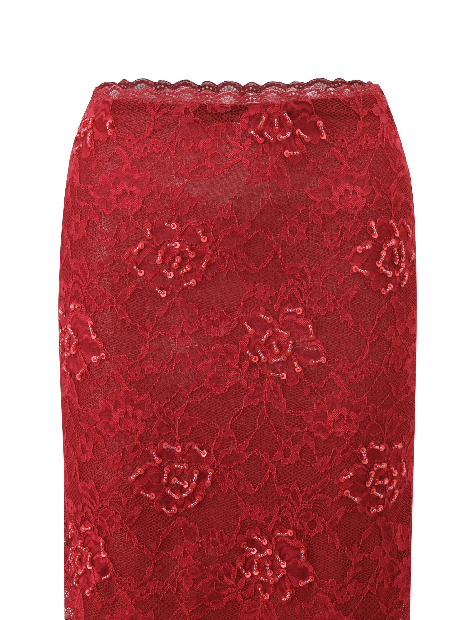 Close-up of the TIGERMIST KIRRA BEADED SEQUIN LACE MIDI SKIRT in red, showcasing floral lace with decorative sequins and scalloped edges—perfect for a standout look.