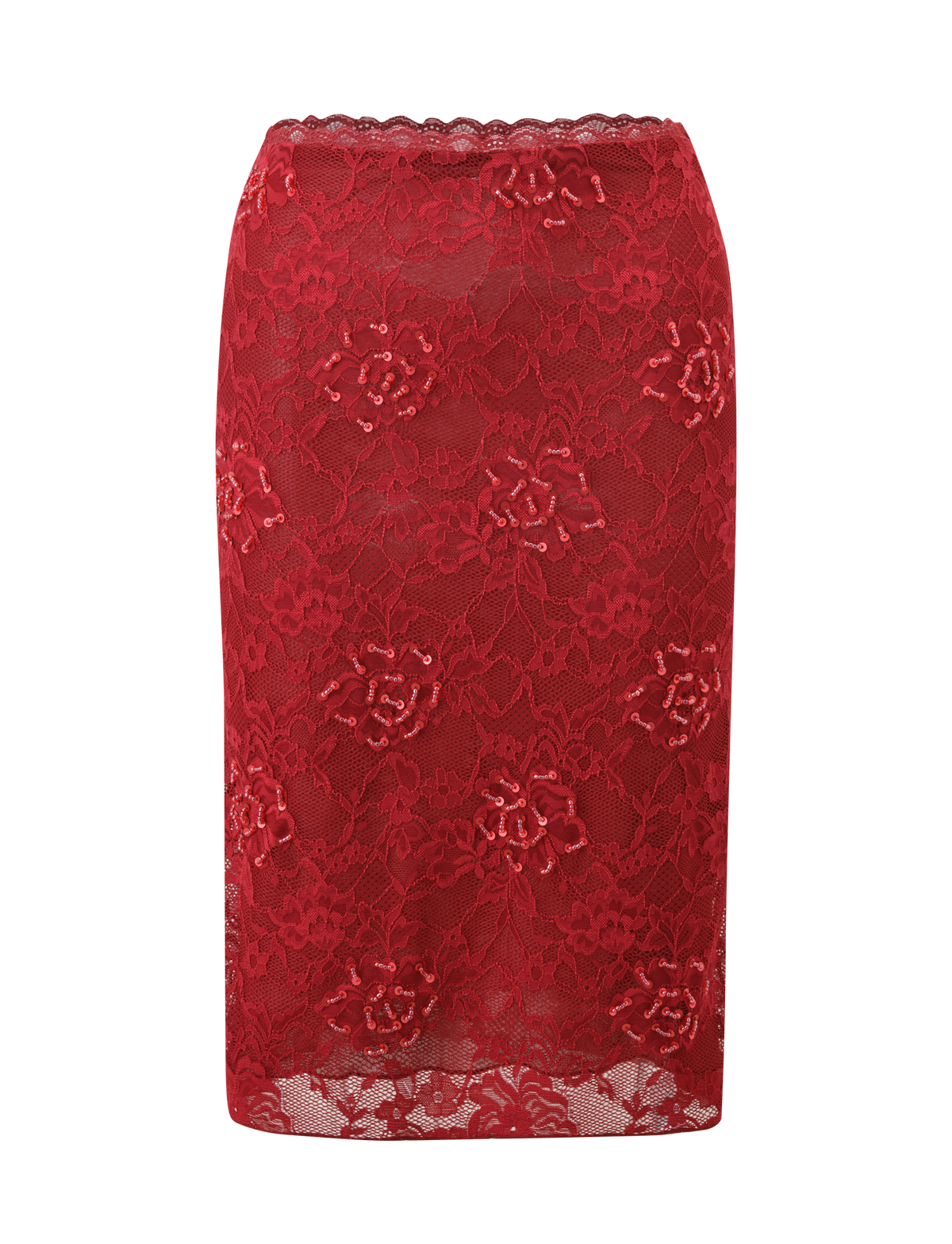 The KIRRA BEADED SEQUIN LACE MIDI SKIRT in red by TIGERMIST features floral lace, a scalloped waistband, and a sheer overlay, displayed on a plain white background.