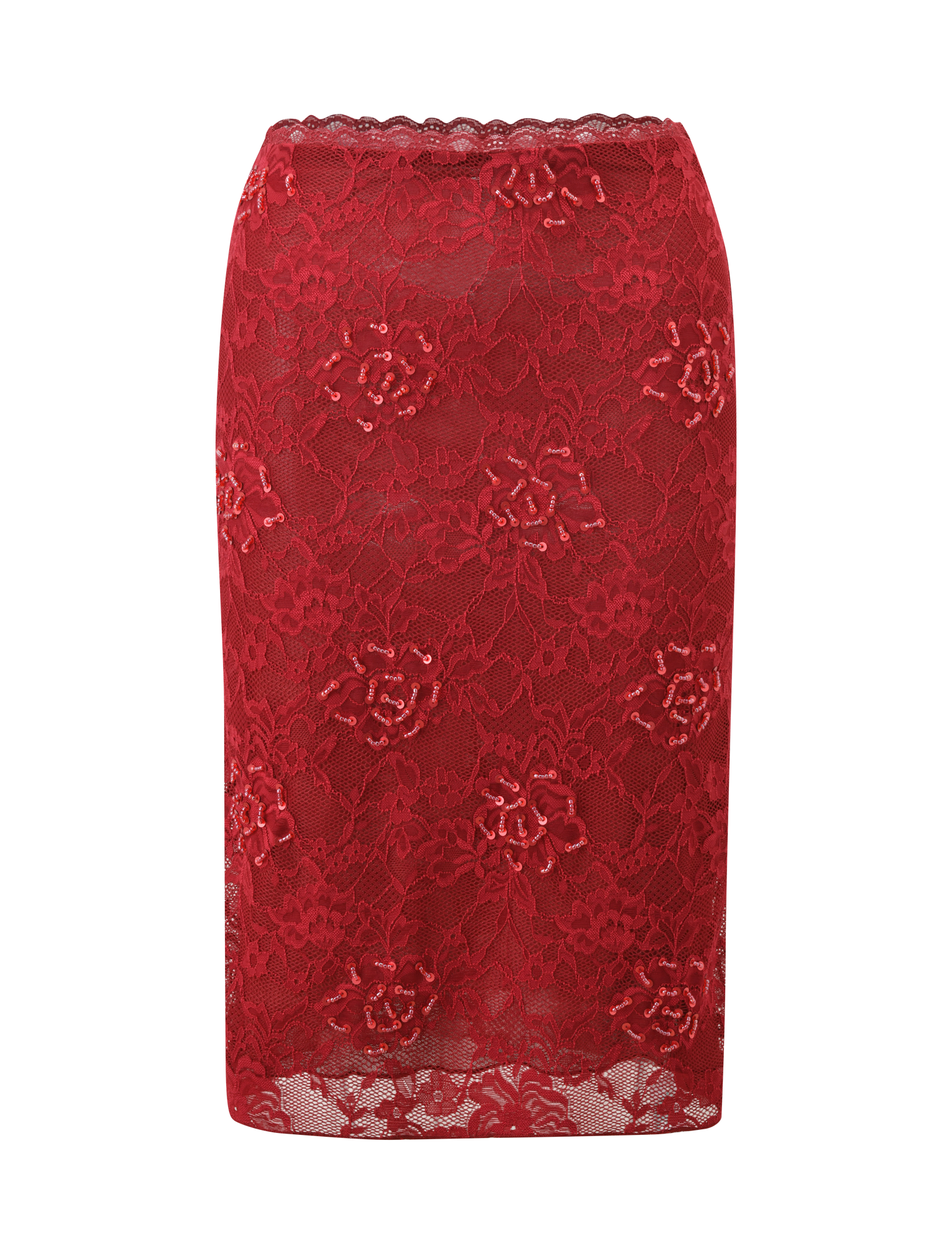 The KIRRA BEADED SEQUIN LACE MIDI SKIRT in red by TIGERMIST features floral lace, a scalloped waistband, and a sheer overlay, displayed on a plain white background.