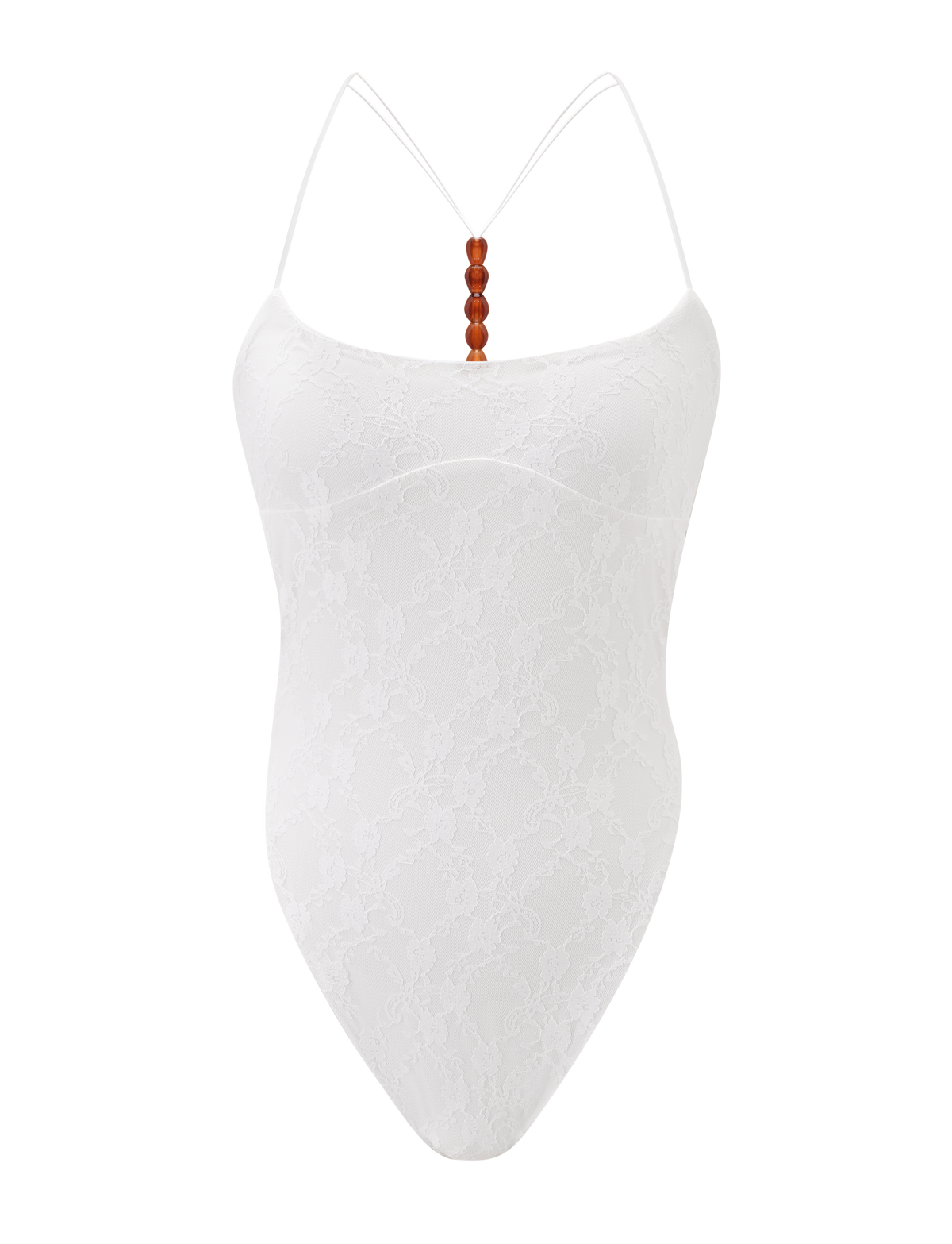 The MINERVA 2.0 BODYSUIT by TIGERMIST is a cream lace G-string bodysuit with thin straps, a scooped neckline, brown bead accents on the front, and a subtle floral pattern for an elegant beach look.