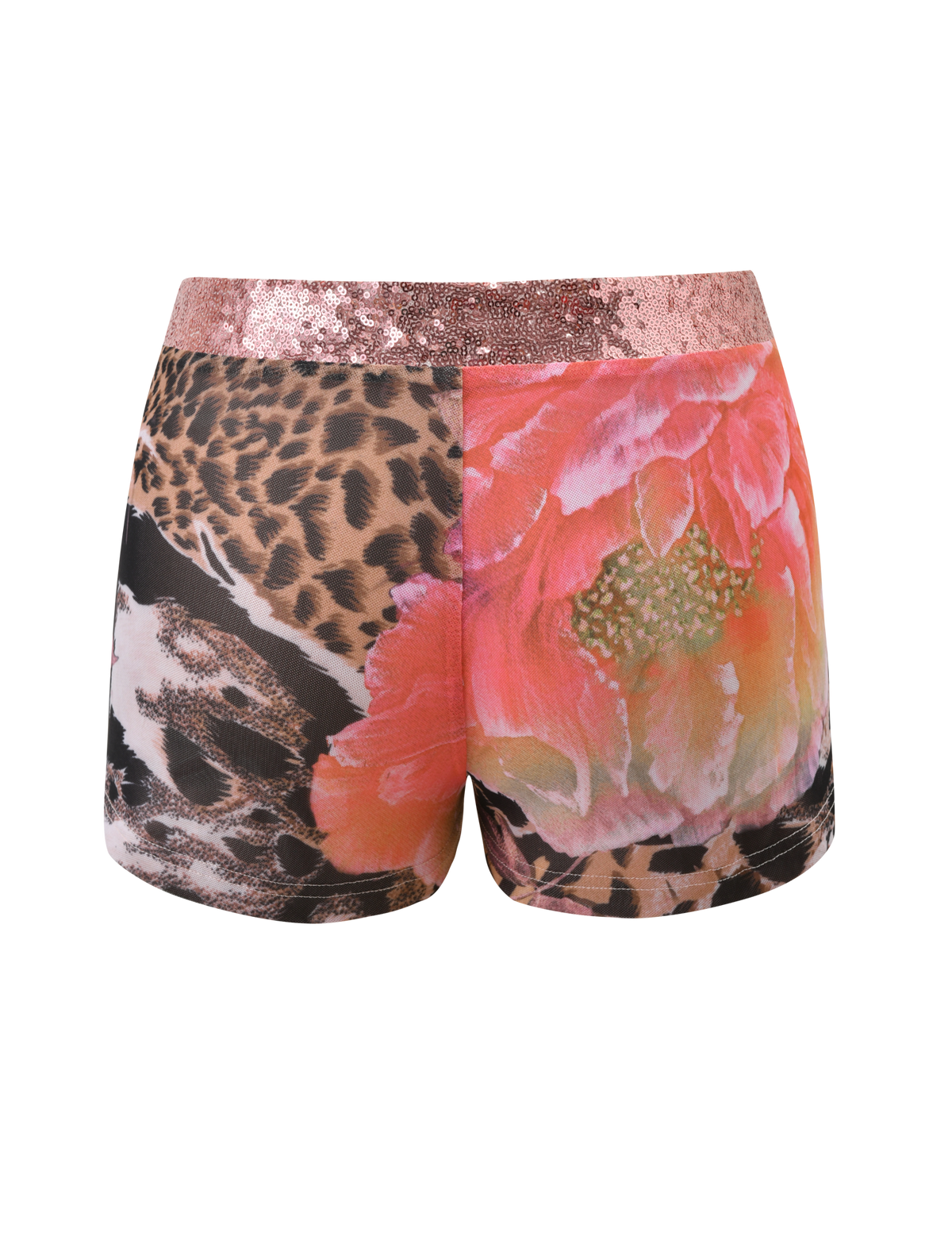 The TIGERMIST FENELLA SHORT - ANIMALIER FLORAL showcases a bold leopard print on one side, pink blooms on the other, and a rose gold sequin waistband, all set against a plain white background.