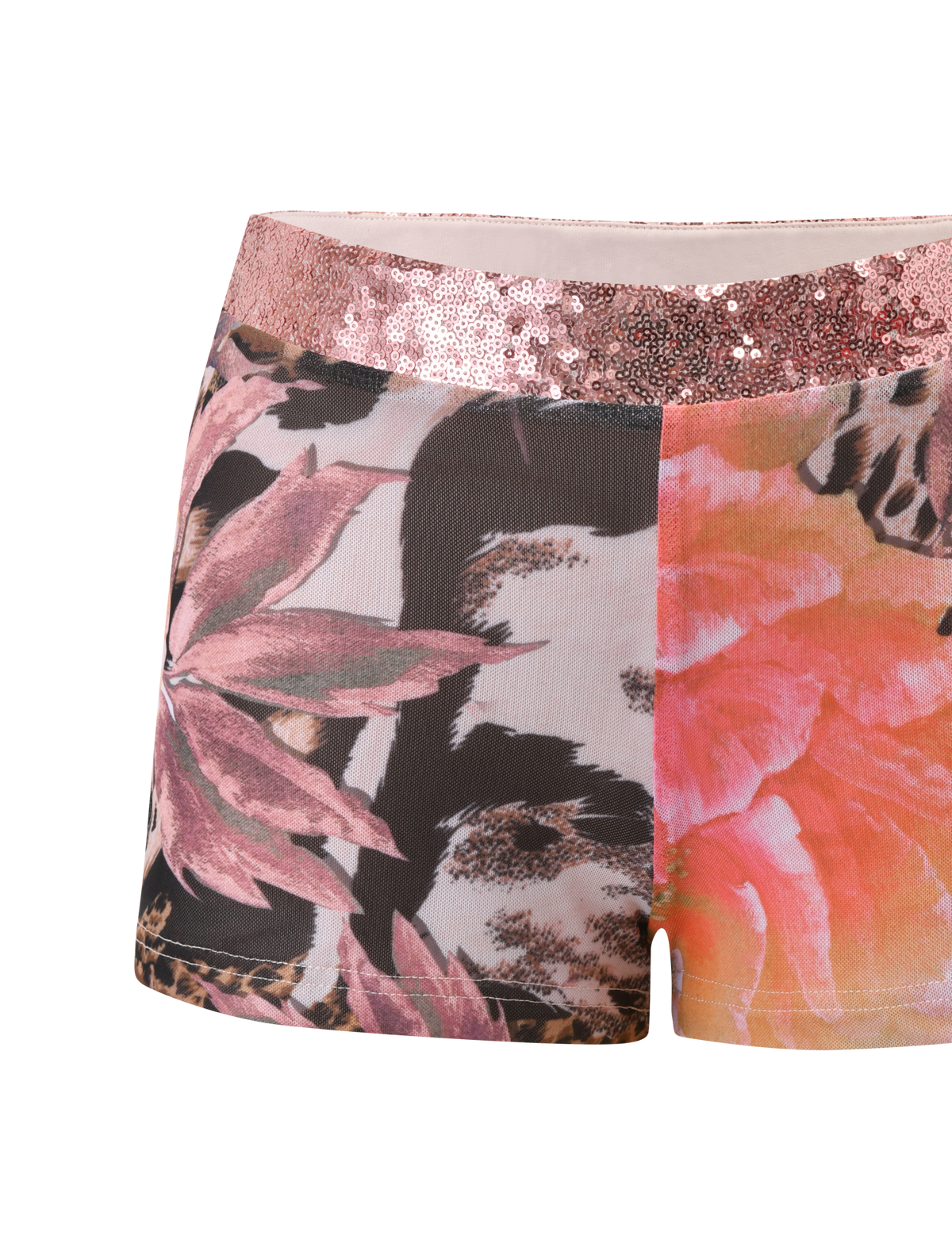 TIGERMIST’s FENELLA SHORT - ANIMALIER FLORAL features a rose gold sequin waistband with a bold floral animal print in vibrant pink, orange, black, and beige.
