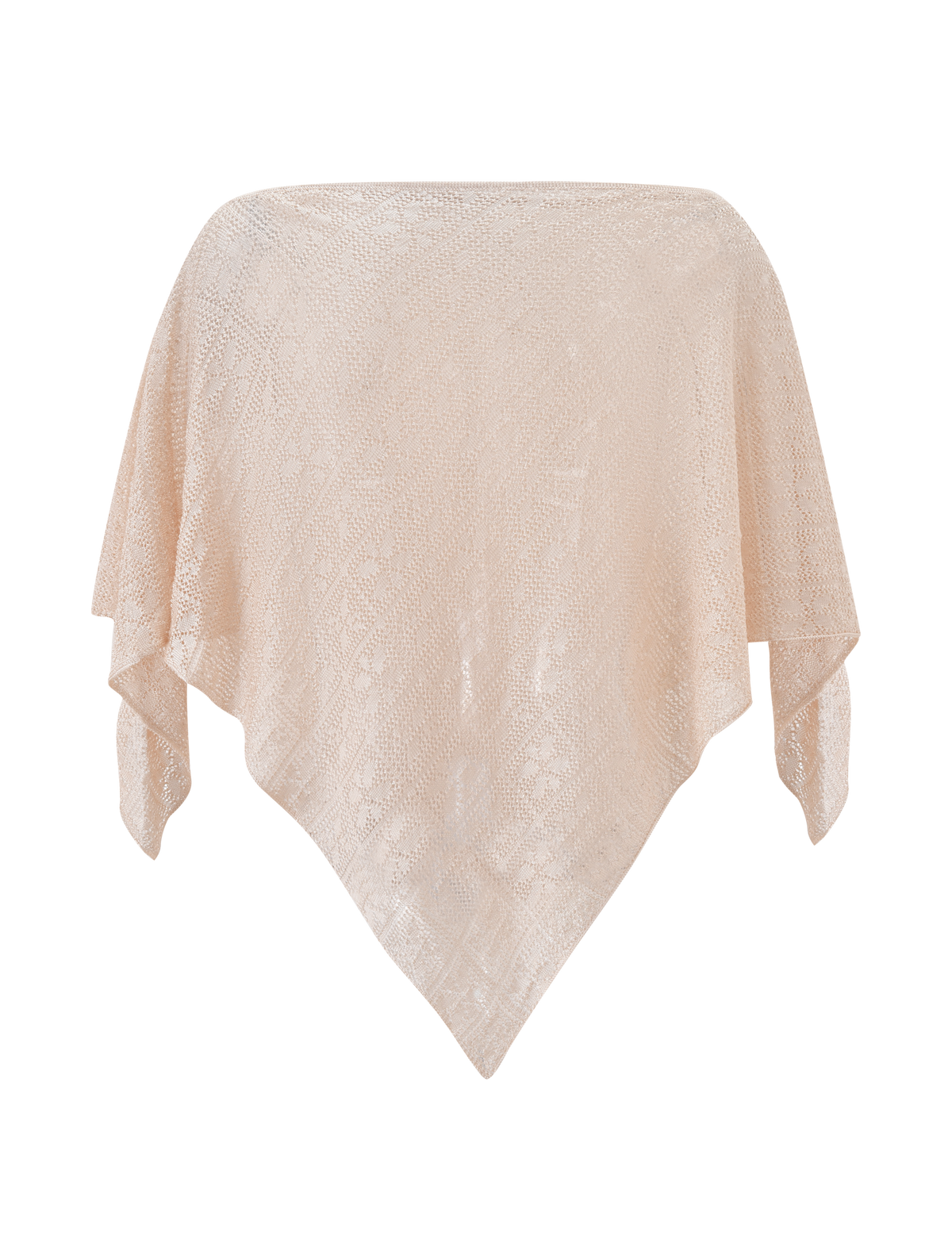 The TIGERMIST FERN CROCHET PONCHO in Champagne is a light beige, semi-sheer poncho featuring intricate crochet patterns and a pointed hem—ideal as a beach cover up or festival layer. Shown draped flat to highlight its texture against a white background.