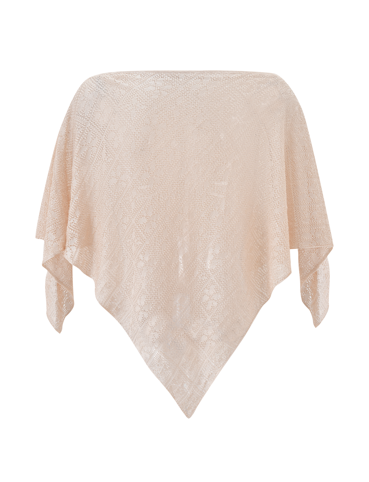 The TIGERMIST FERN CROCHET PONCHO in Champagne is a light beige, semi-sheer poncho featuring intricate crochet patterns and a pointed hem—ideal as a beach cover up or festival layer. Shown draped flat to highlight its texture against a white background.