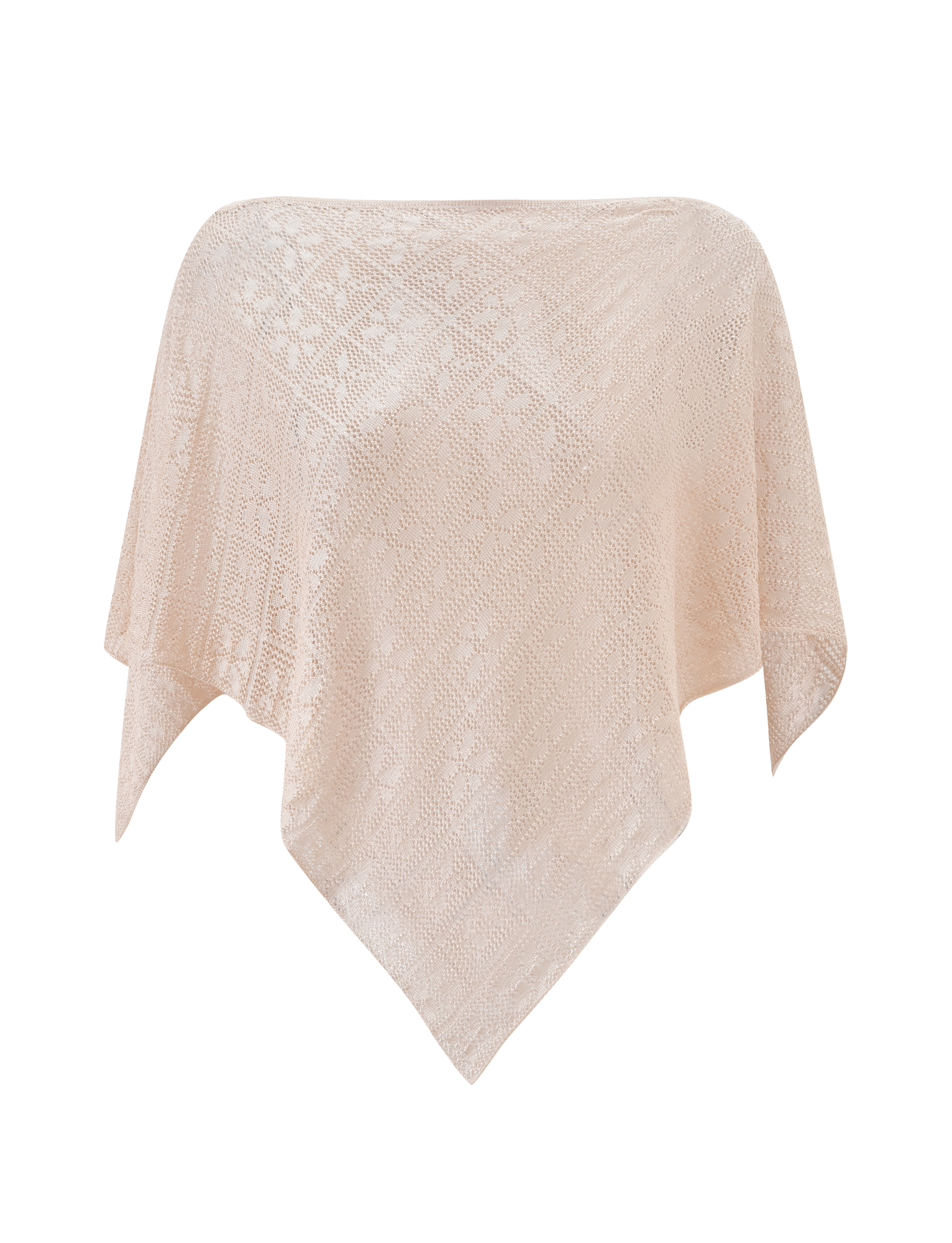 The FERN CROCHET PONCHO in Champagne by TIGERMIST features a diamond-patterned crochet design with pointed ends—an ideal choice for chic festival looks or as an elegant beach cover-up.