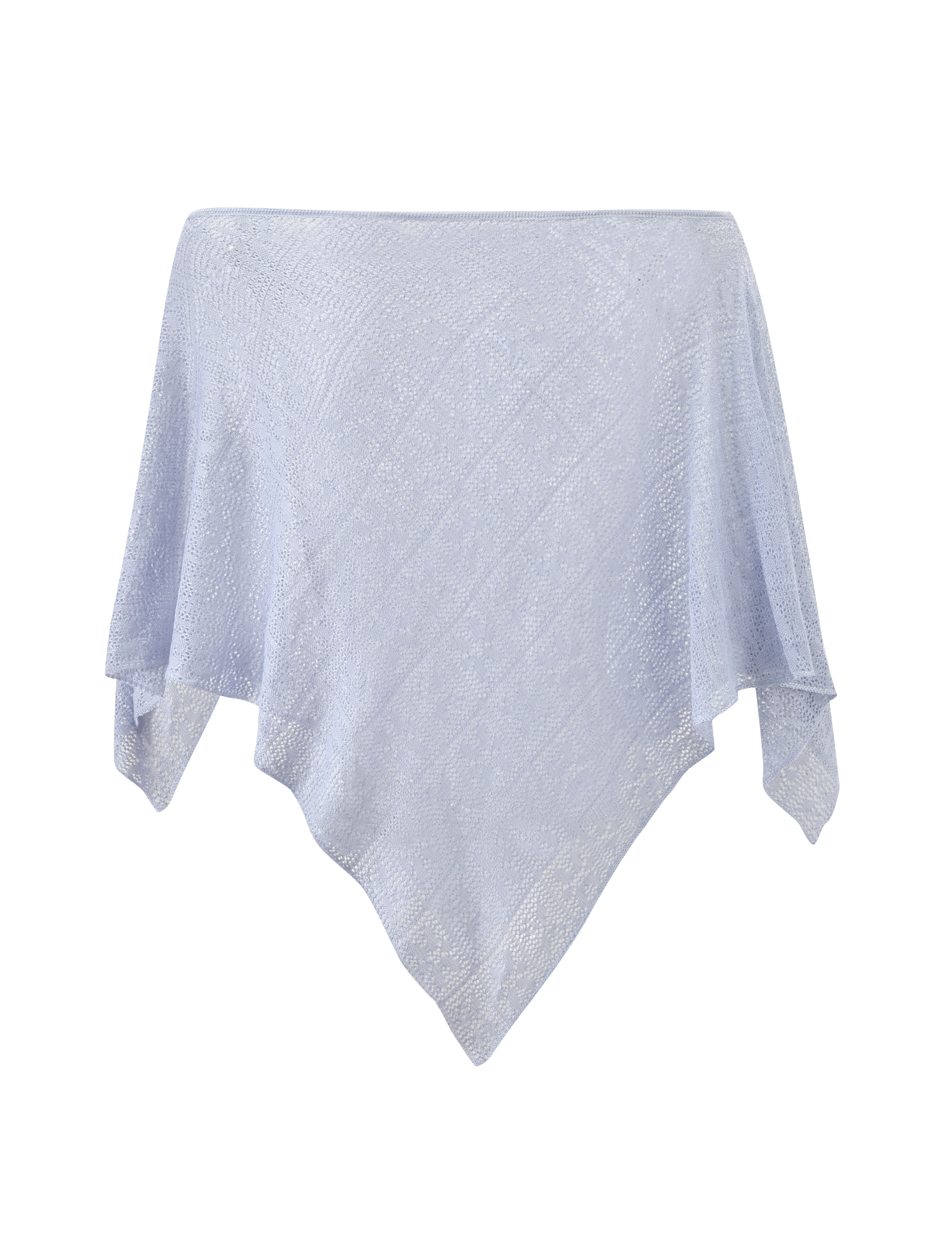 A light blue, textured, asymmetrical handkerchief-hem skirt on a white background pairs perfectly with the TIGERMIST FERN CROCHET PONCHO in silver for a chic, breezy look.