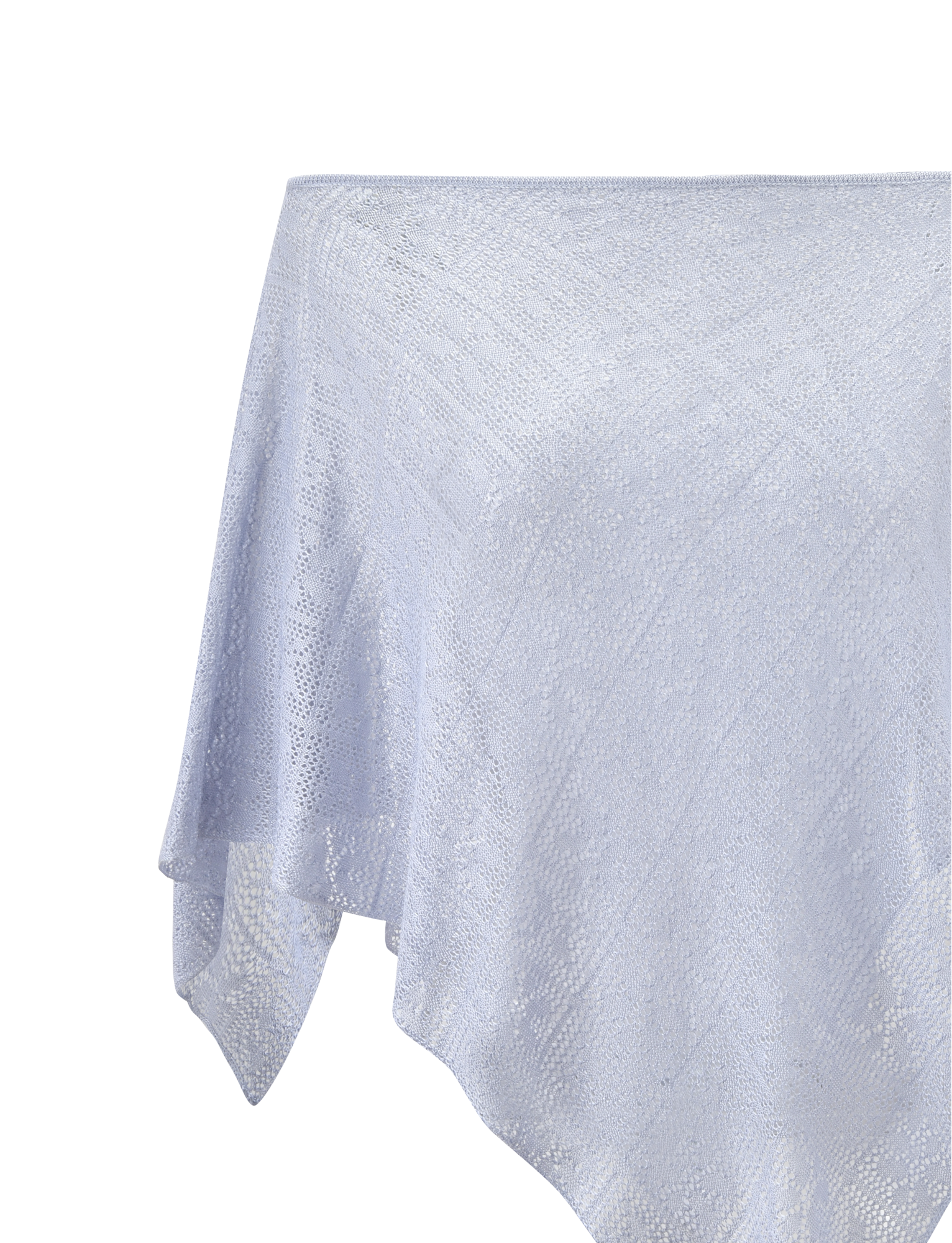 A close-up of the TIGERMIST FERN CROCHET PONCHO in silver, featuring an asymmetrical knit with a textured pattern and pointed hem, perfect as a statement piece for beach festivals.