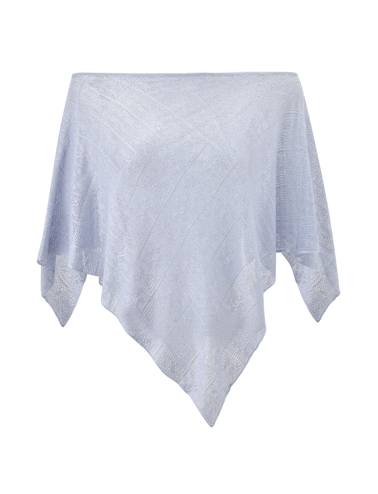 The TIGERMIST FERN CROCHET PONCHO in silver features a light blue, semi-sheer, square silhouette with a subtle textured pattern and custom crochet design, draped to show pointed ends against a plain white background.
