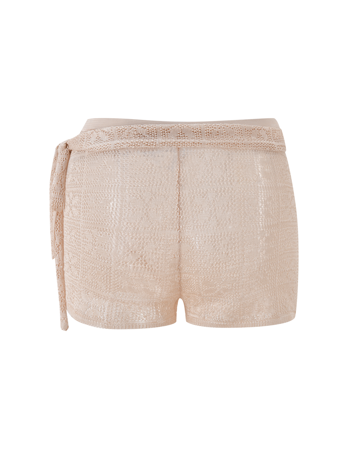 The FERN CROCHET SHORT - CHAMPAGNE by TIGERMIST features a custom crochet design and matching tie belt, showcased from the back against a white background.