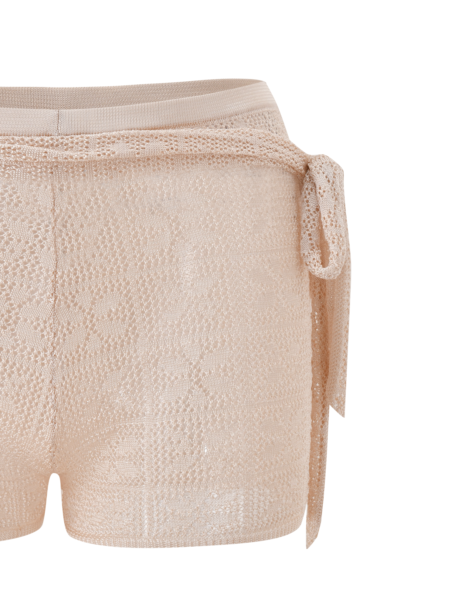 The FERN CROCHET SHORT - CHAMPAGNE by TIGERMIST features a custom floral lace pattern, matching crochet belt, adjustable high-rise waistband, and a semi-sheer, lightweight texture.