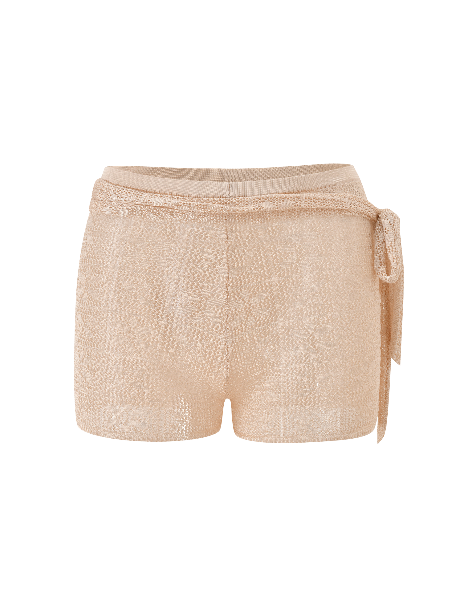 The TIGERMIST FERN CROCHET SHORT in Champagne features a custom crochet design and matching tie belt at the waist, shown against a plain white background.