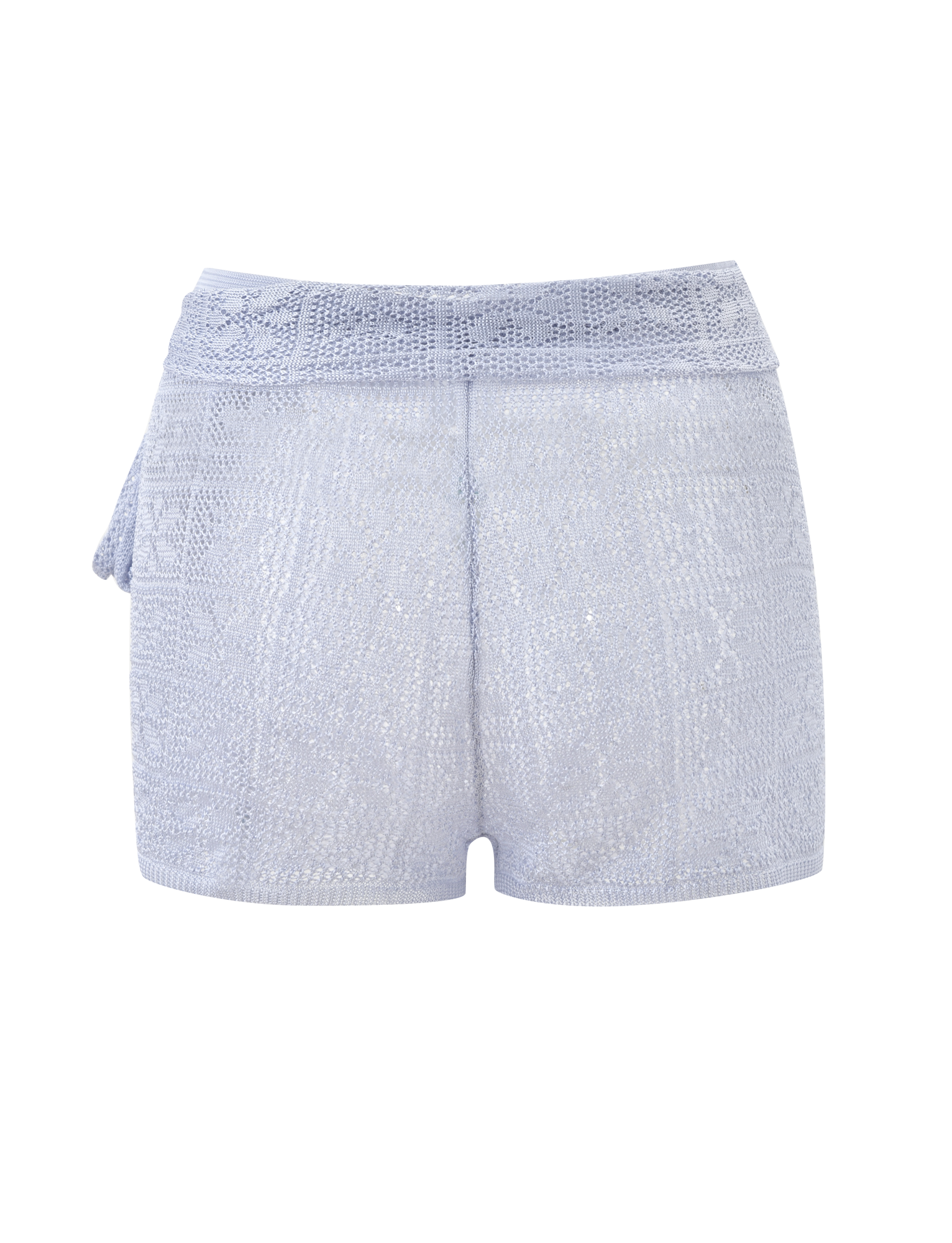The FERN CROCHET SHORT - SILVER by TIGERMIST features a light blue custom crochet design with a subtle textured pattern, high waist, and adjustable waistband with matching belt, shown from the back on a plain white background.