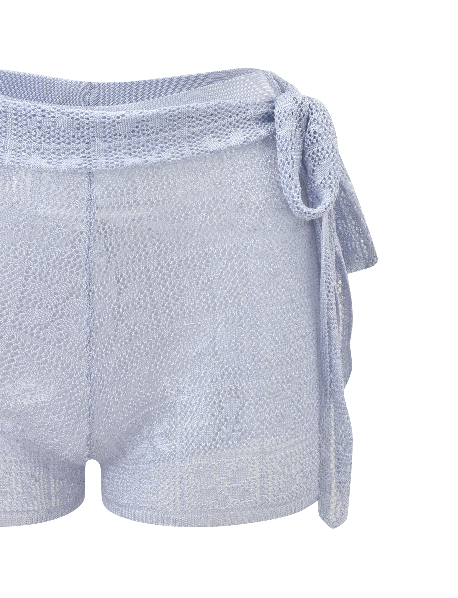 The FERN CROCHET SHORT - SILVER by TIGERMIST features a custom crochet design, textured pattern, and attached side tie belt with adjustable waistband, shown against a white background.