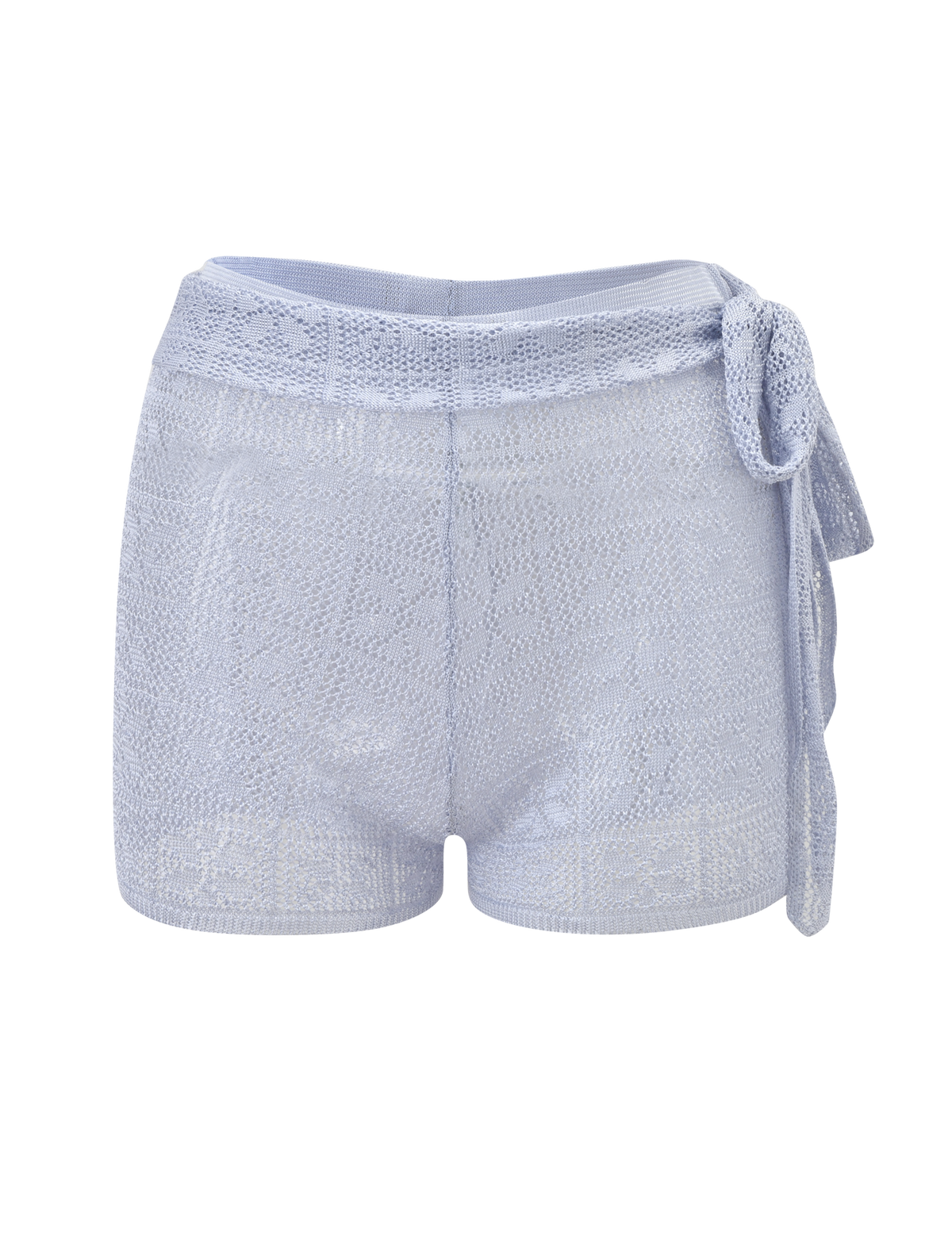 The TIGERMIST FERN CROCHET SHORT - SILVER is a light blue, high-waisted mini short with a custom crochet design, semi-sheer pattern, adjustable waistband, and fabric tie belt on the right side. Shown against a plain white background.