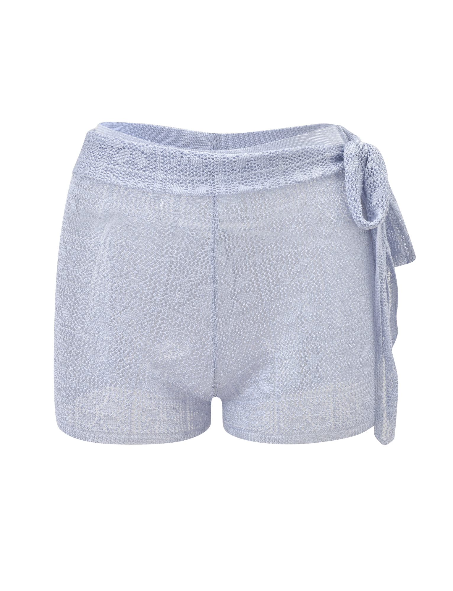 The TIGERMIST FERN CROCHET SHORT - SILVER is a light blue, high-waisted mini short with a custom crochet design, semi-sheer pattern, adjustable waistband, and fabric tie belt on the right side. Shown against a plain white background.