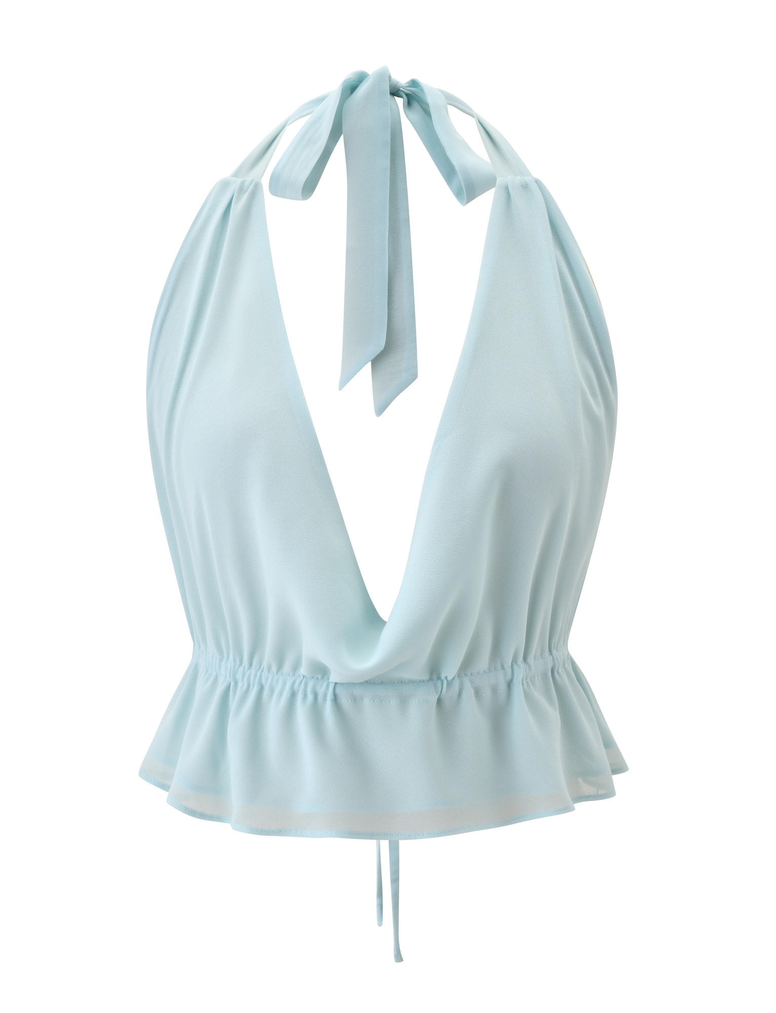 The TIGERMIST VEDA OPEN BACK COWL TOP in seafoam showcases a deep V-neck, adjustable halter neck tie, open back, gathered elastic waist, and ruffled hem, styled against a plain white background.