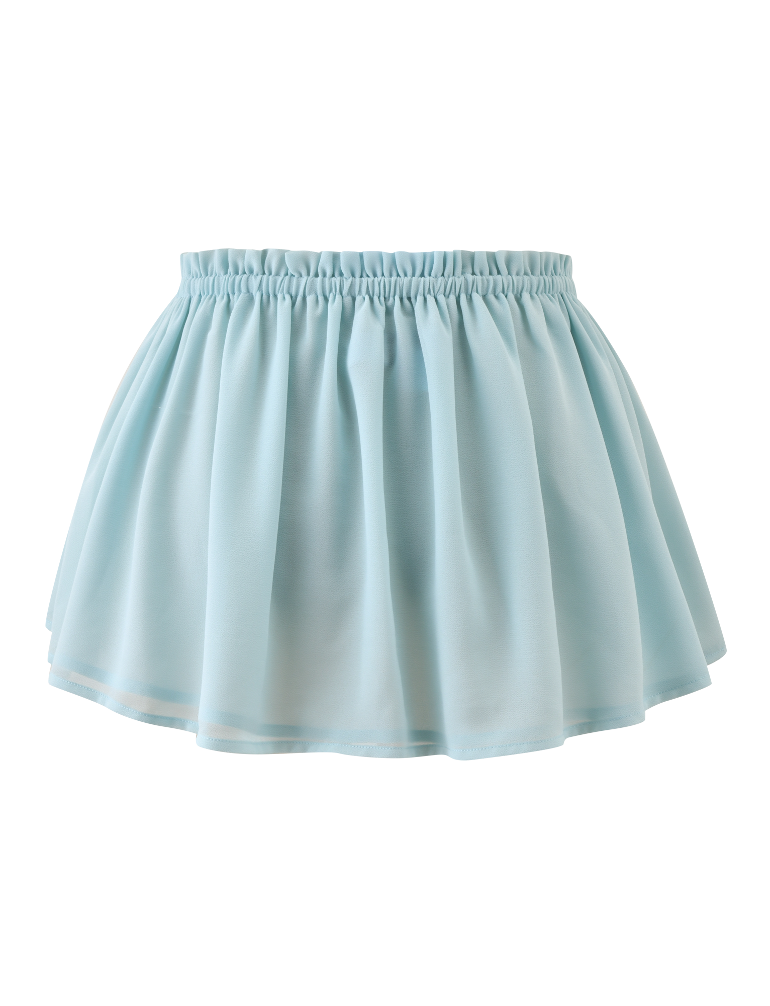 TIGERMIST VEDA Ruched Mini Skirt in seafoam features a flared, flounce silhouette and elastic waistband, shown against a white background.