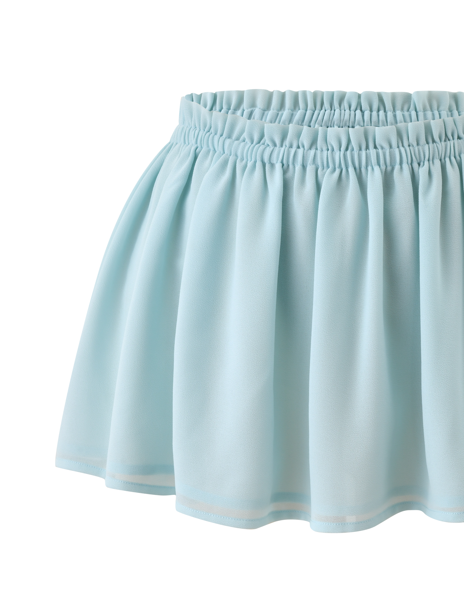 The VEDA RUCHED MINI SKIRT - SEAFOAM by TIGERMIST is a light blue mini skirt with pleats, an elastic waistband, and a slightly flared silhouette, shown against a white background.